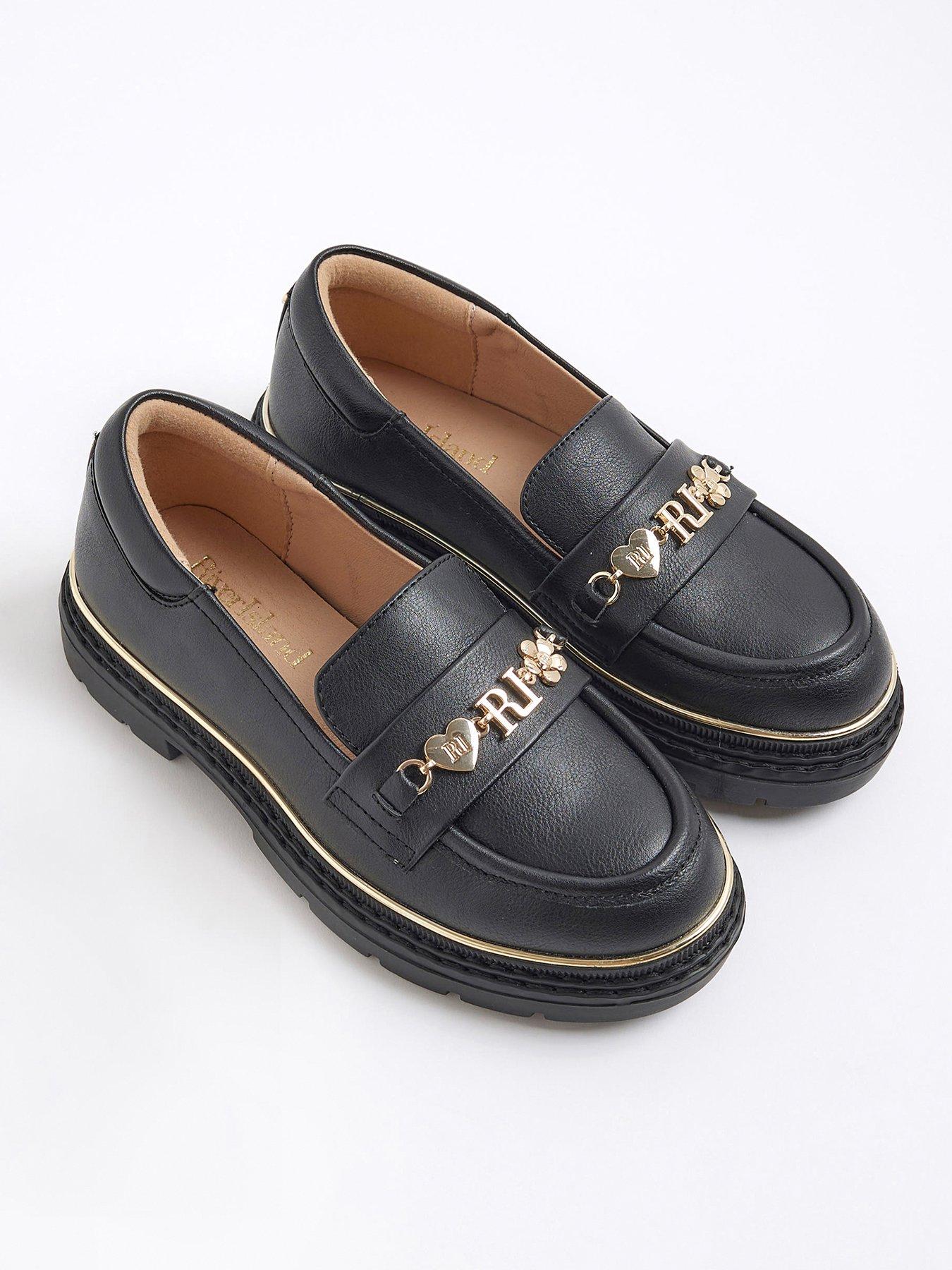 River Island Older Girls Flower Chain Loafers - Black