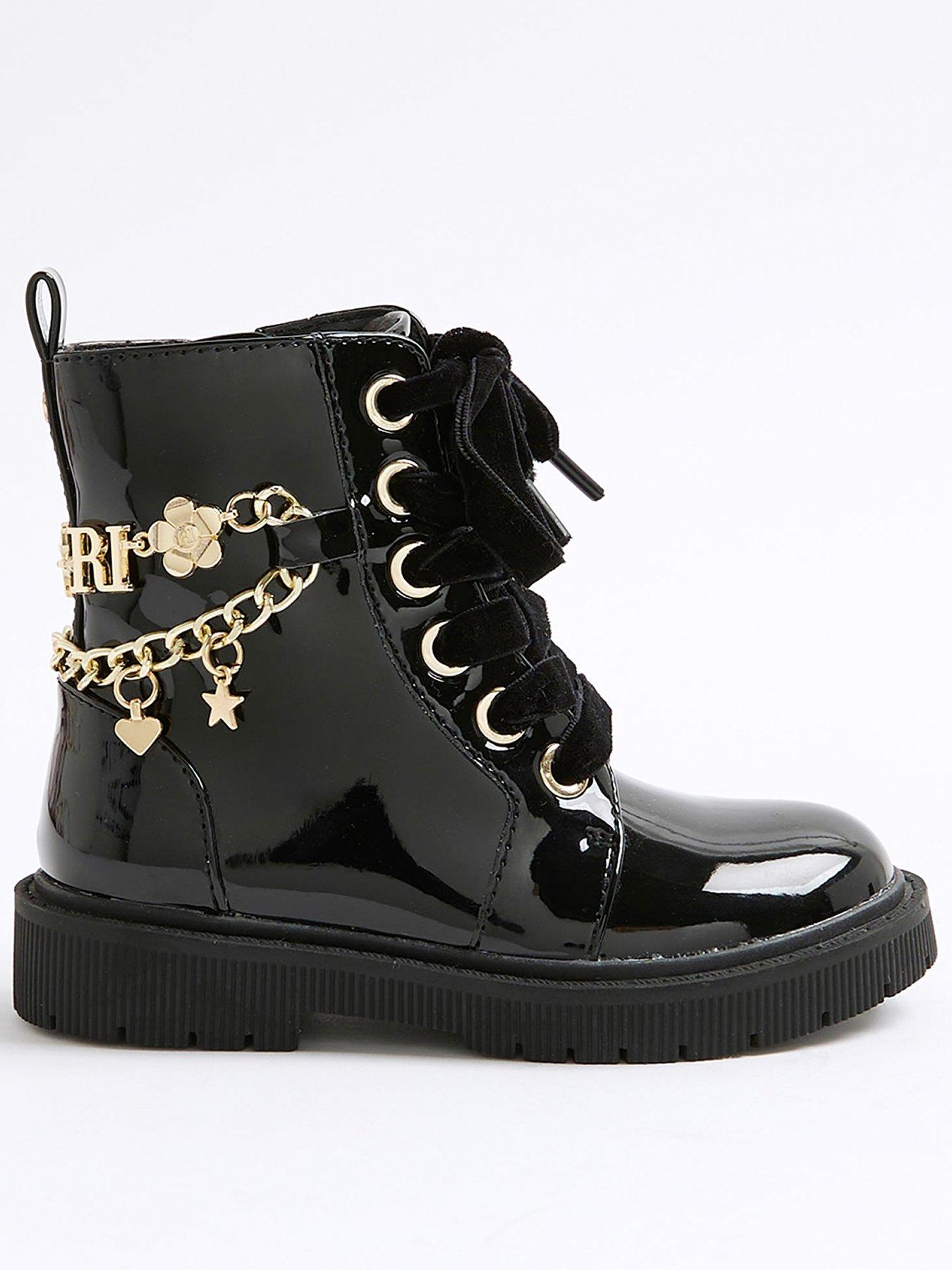 River Island Mini Girls Charm Chain Lace Up Boot - Black