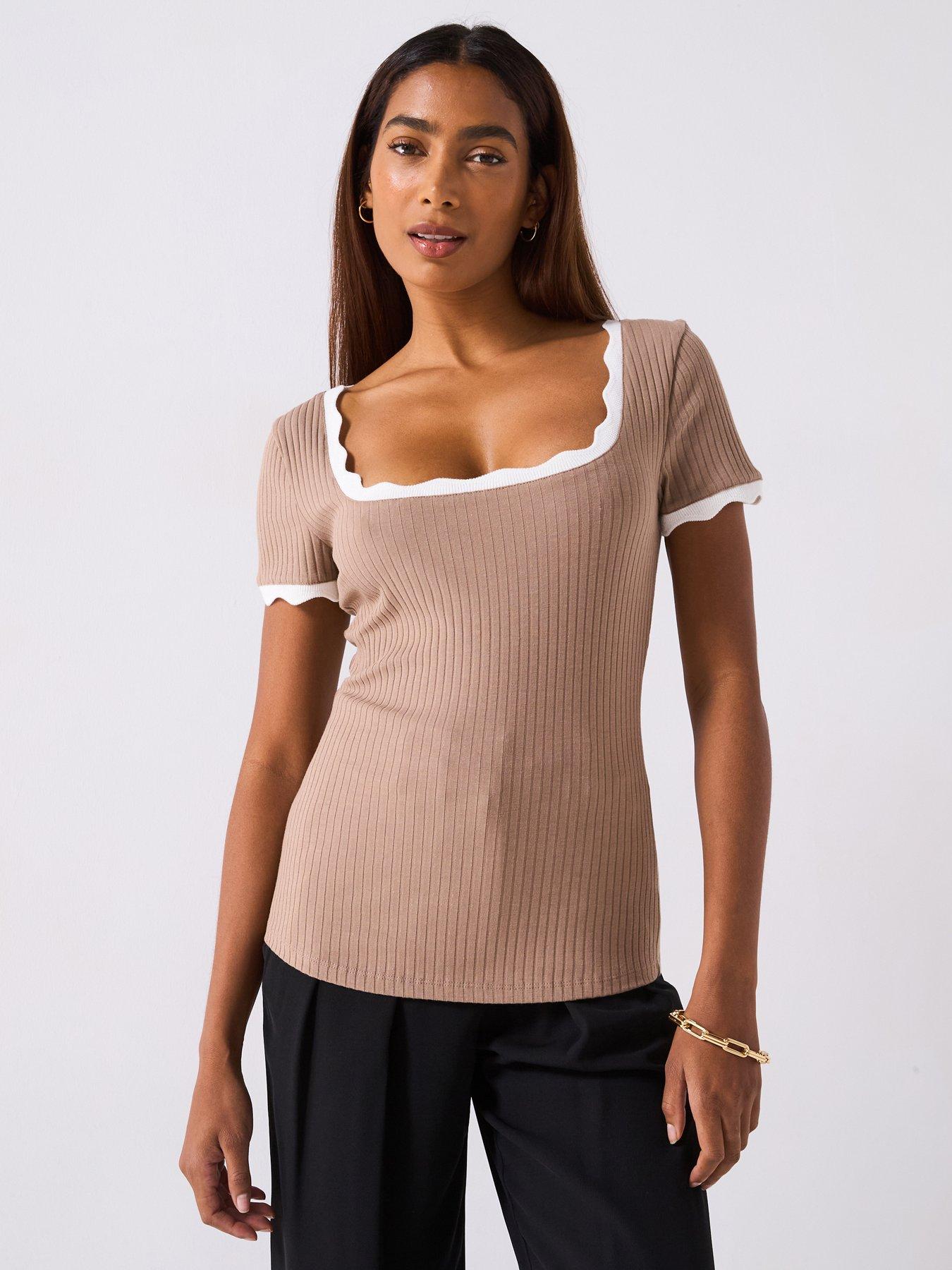 Image of V by Very Scallop Edge Contrast Trim Short Sleeve Top - Nude