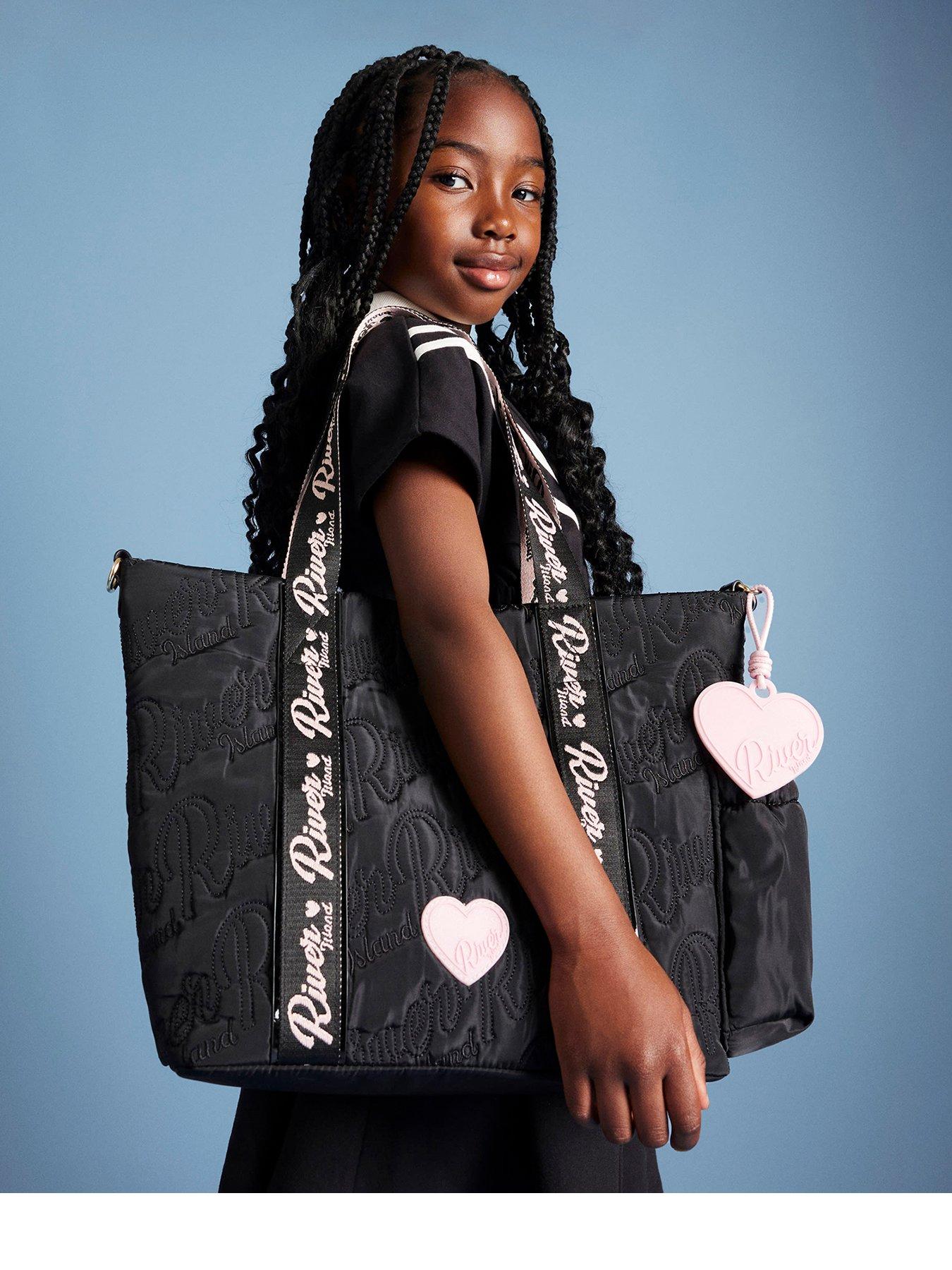 river-island-older-girls-nylon-script-shopper-bag-blackfront