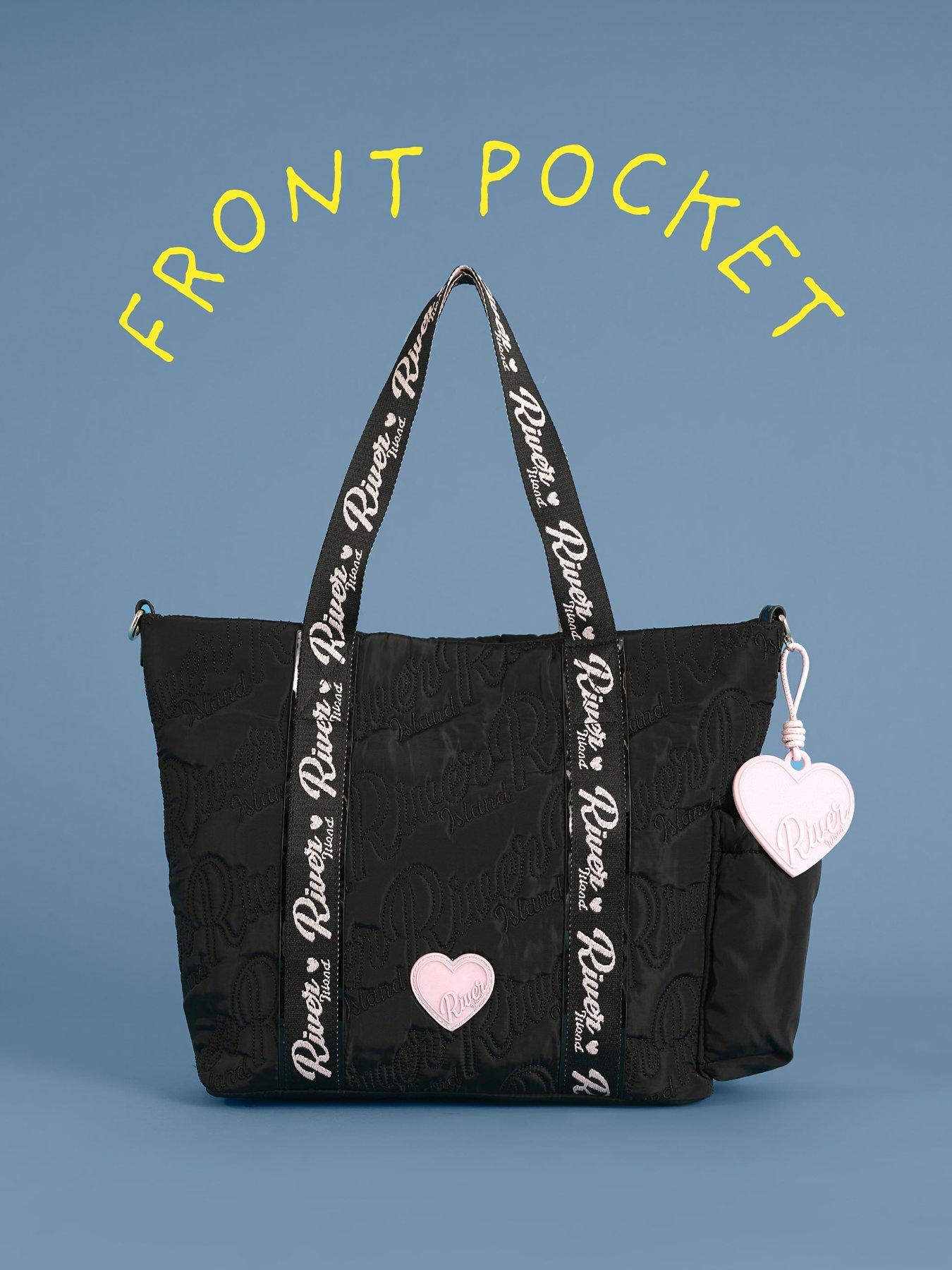 river-island-older-girls-nylon-script-shopper-bag-blackdetail