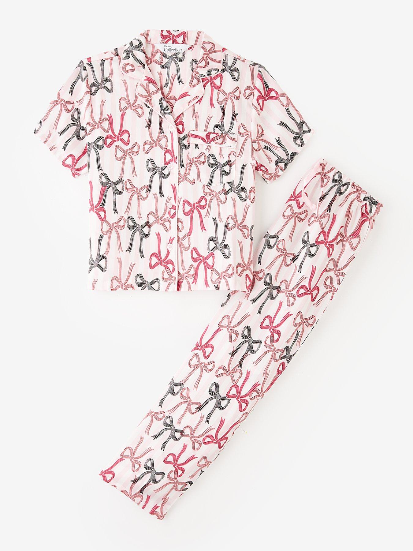 The Very Collection Girls Bow/Stripe Print Satin Pyjama - Pink