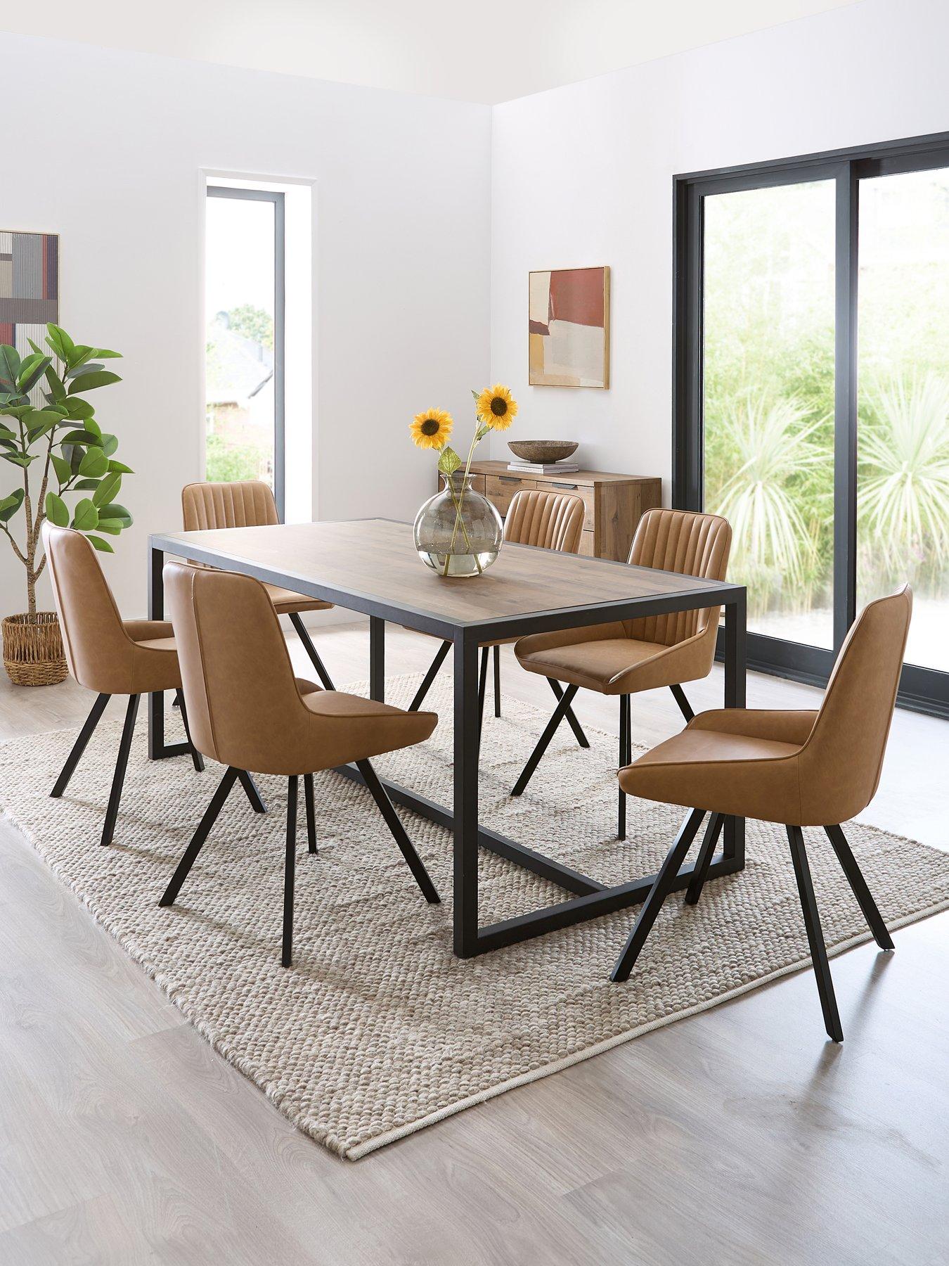 Very Home Harlem Mid Oak Dining Table And 6 Marlow Tan Faux Leather Chairs - FSC® Certified