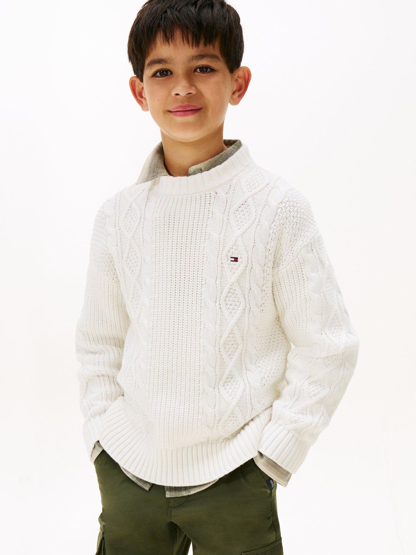 Image 1 of 5 of Tommy Hilfiger Boys Cotton Cable Mix Graphic Sweater - Off White