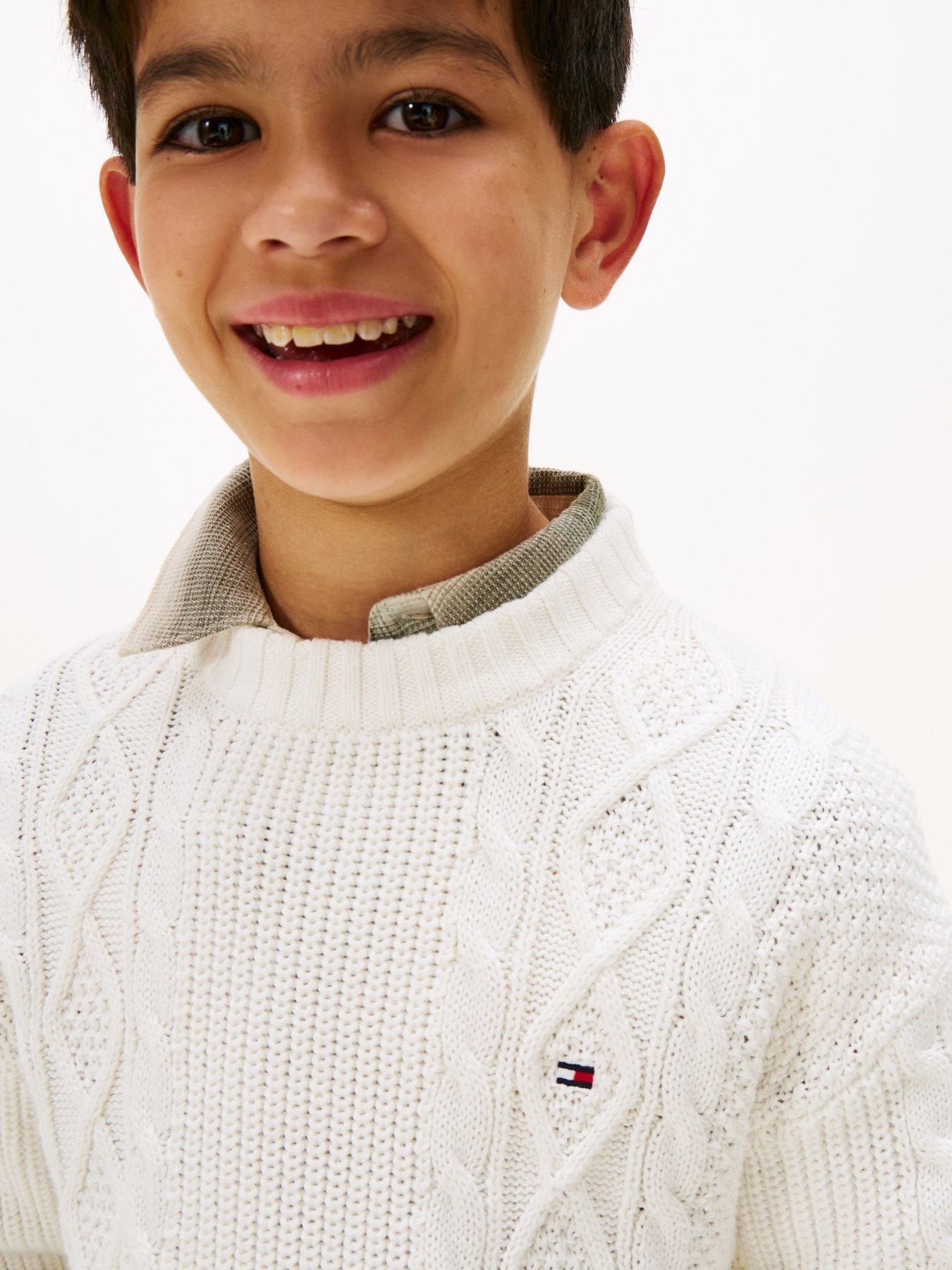 Image 4 of 5 of Tommy Hilfiger Boys Cotton Cable Mix Graphic Sweater - Off White