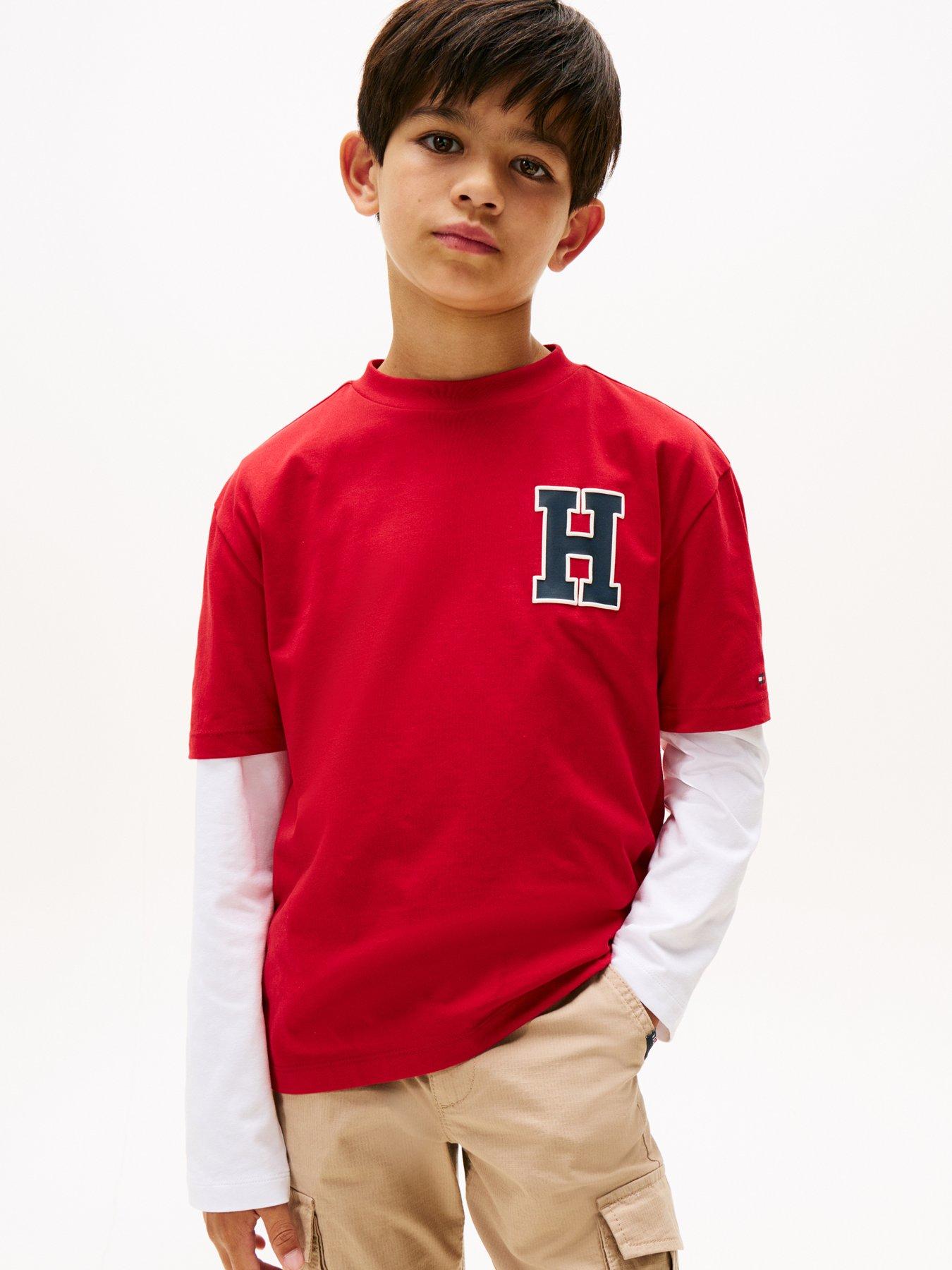 Tommy Hilfiger Boys Varsity Front Back Print Short Sleeve T-Shirt - Medium Red