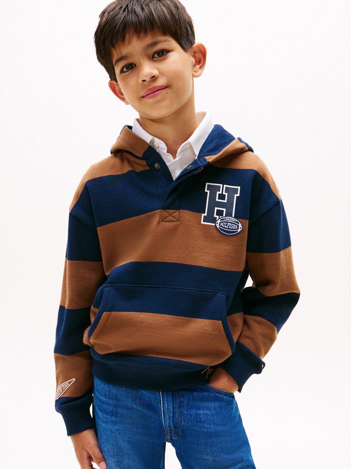 Tommy Hilfiger Boys Varsity Stripe Button Hoodie - Pecan Nut Stripe