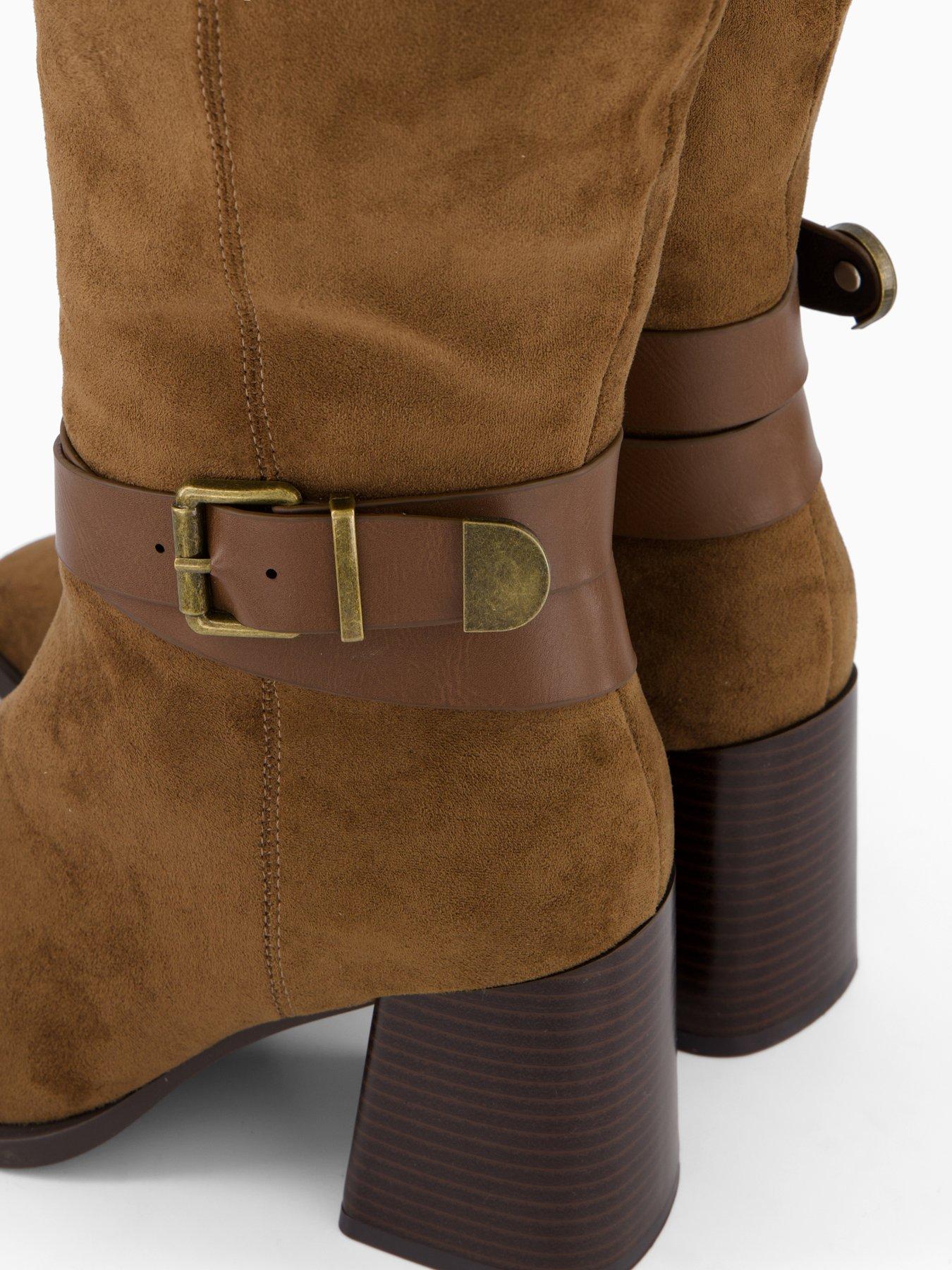 Image 6 of 6 of The Very Collection Block Heel Knee Boot With Ankle Detail - Tan