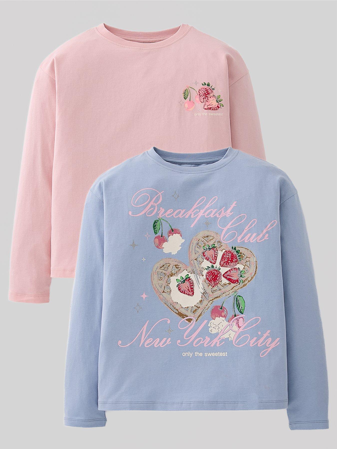 The Very Collection Girls Waffle And Strawberries Slogan Tops - Pink  &  Light Blue