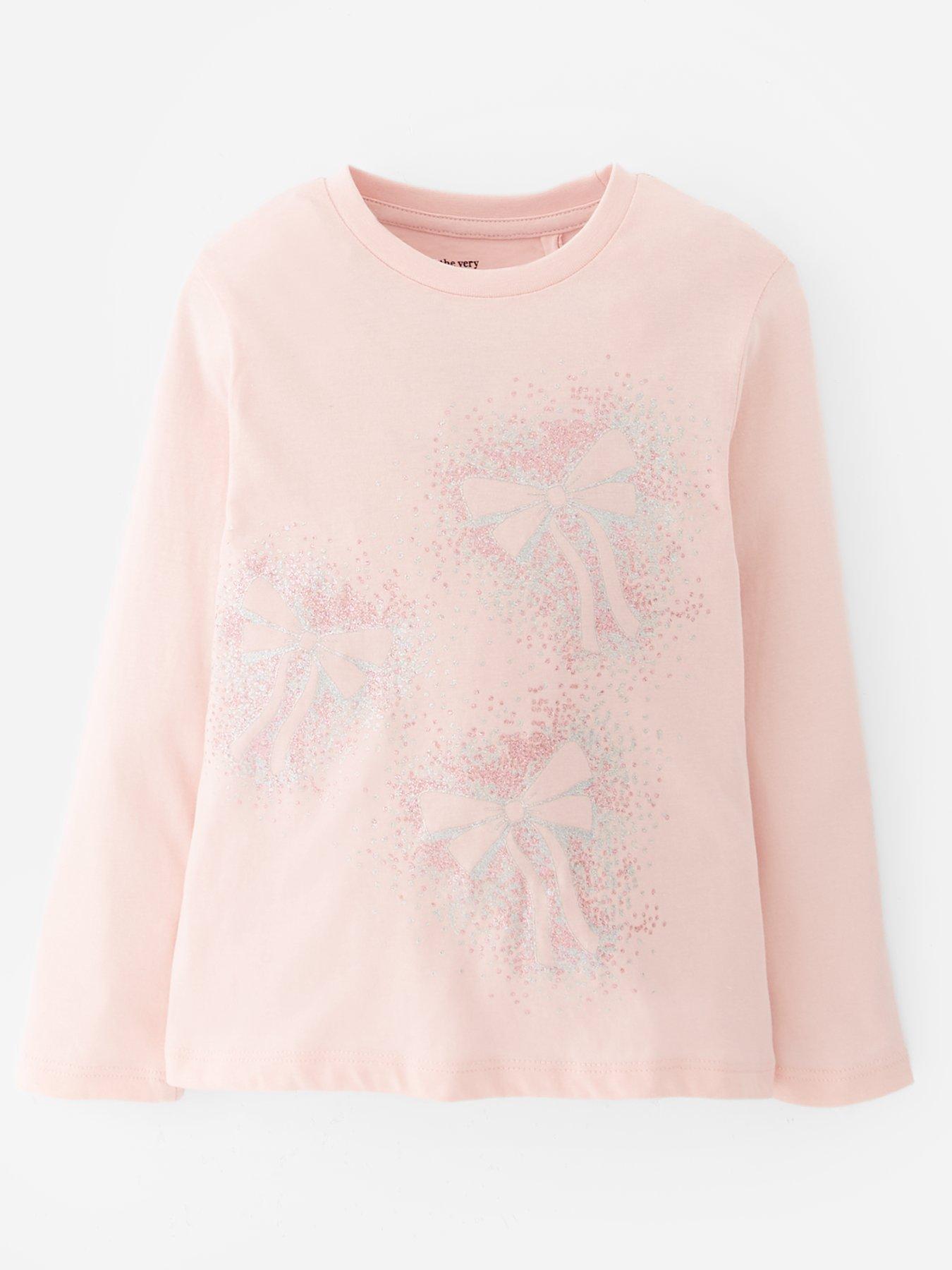 The Very Collection Girls Christmas Glitter Bow Long Sleeve T-shirt - Pink
