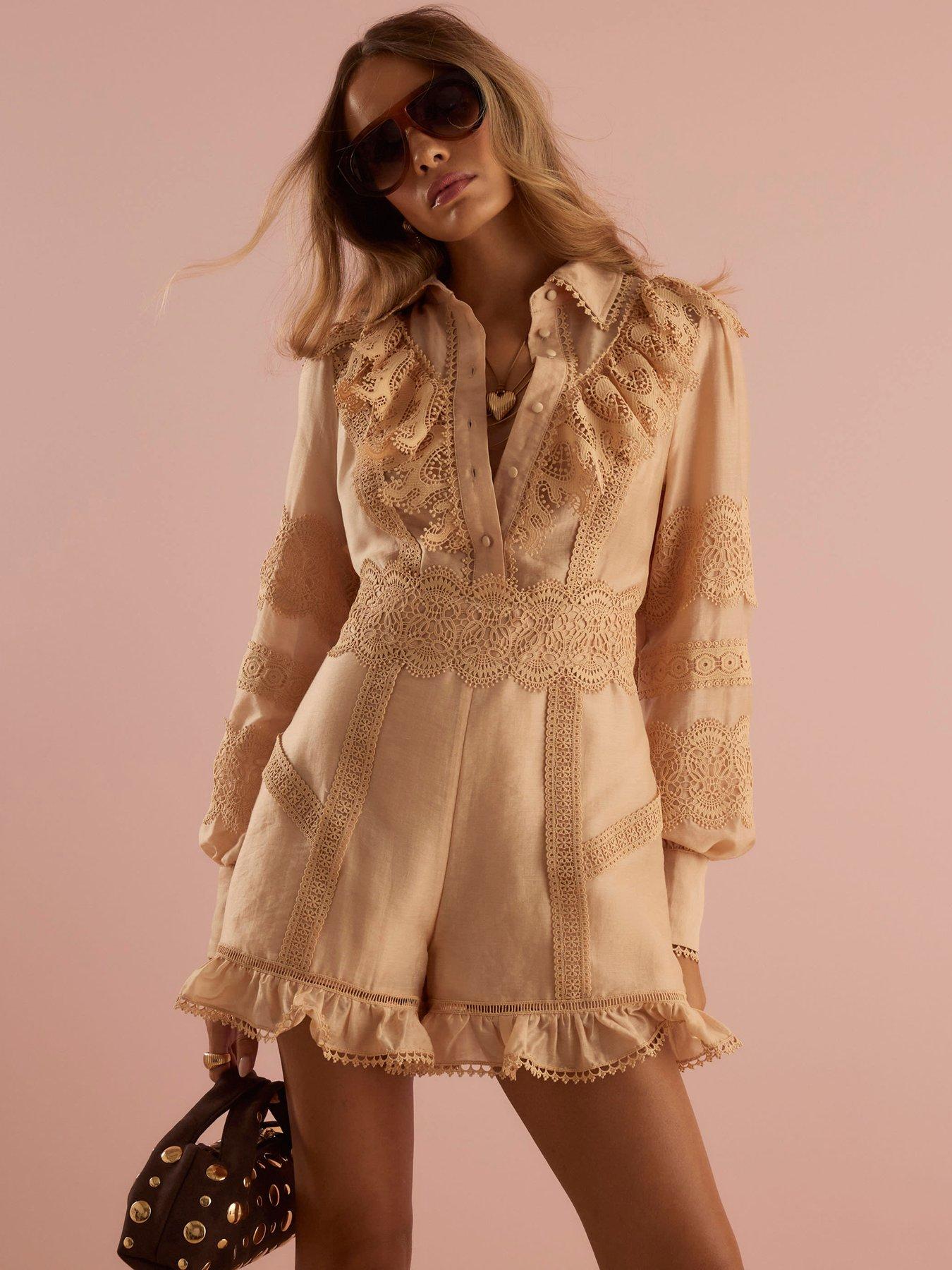 River Island Long Sleeve Ruffle Front Playsuit - Beige