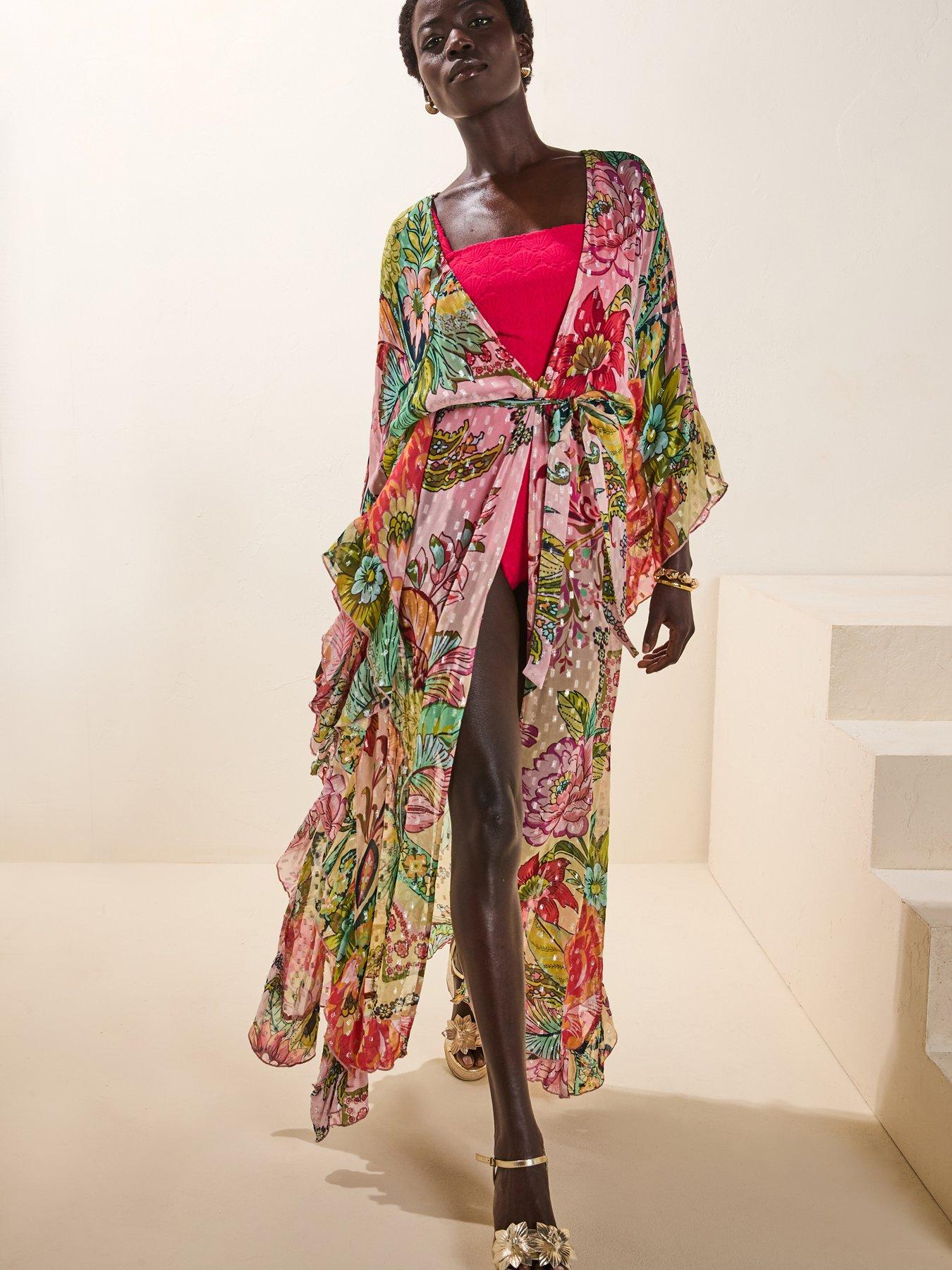 Image of River Island Del Maar Floral Chiffon Kaftan - Pink