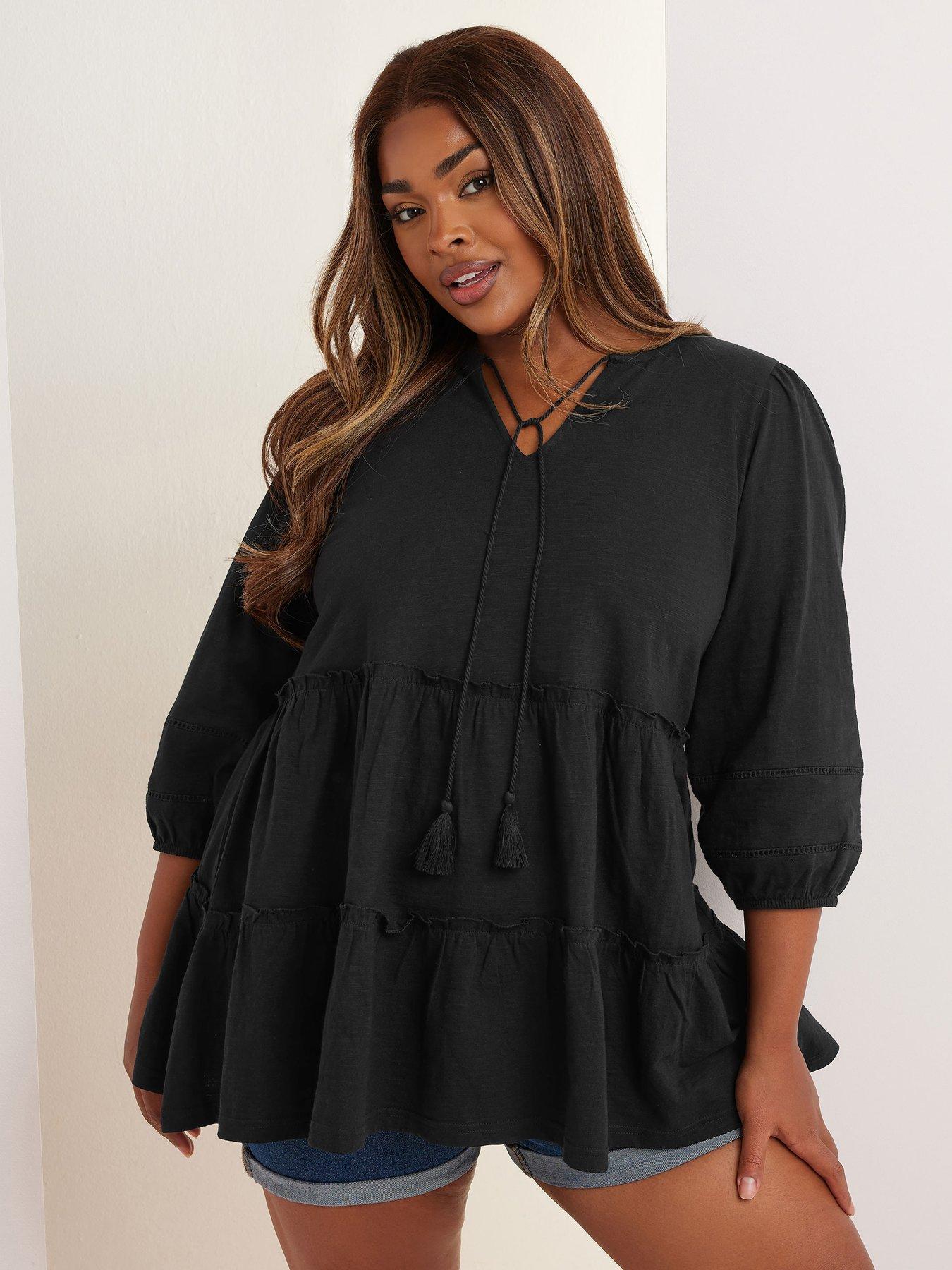 Image of Yours Curve Slub Tiered Boho Top - Black