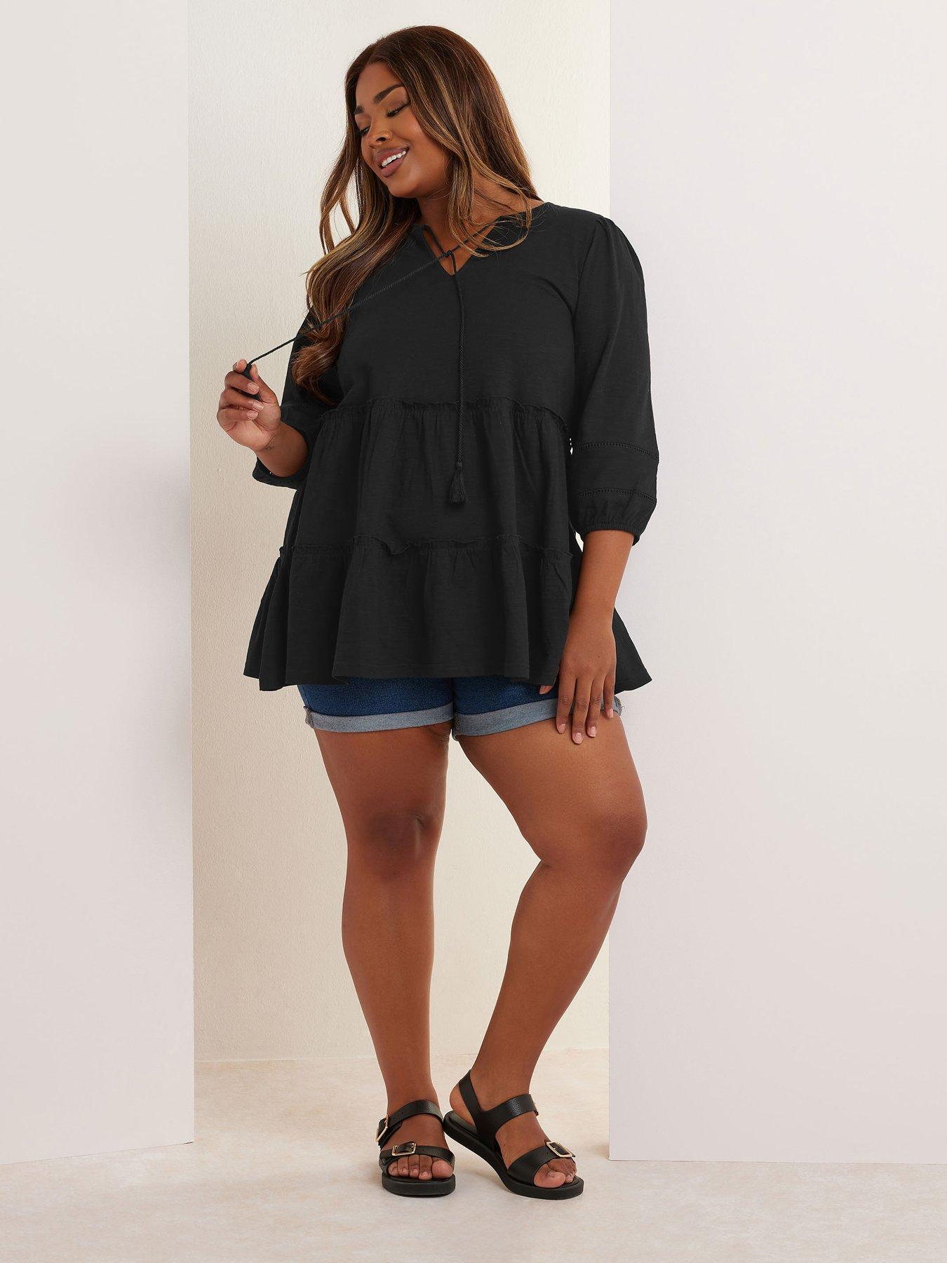 Image 3 of 5 of Yours Curve Slub Tiered Boho Top - Black