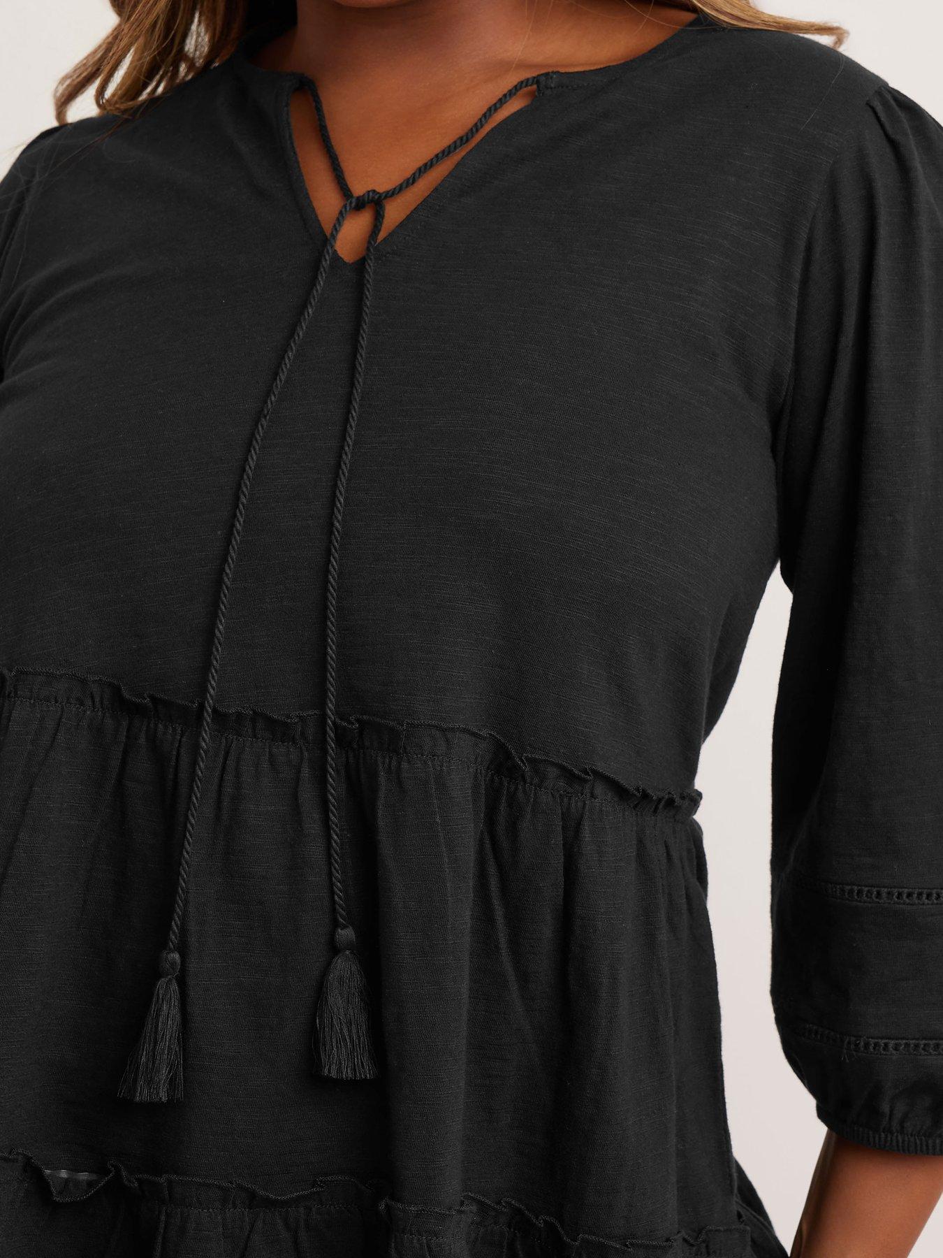 Image 4 of 5 of Yours Curve Slub Tiered Boho Top - Black