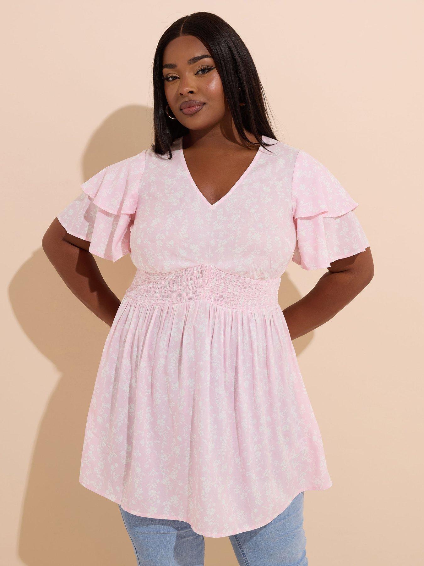 Image 1 of 5 of Yours Curve Flutter Sleeve Top - Pink