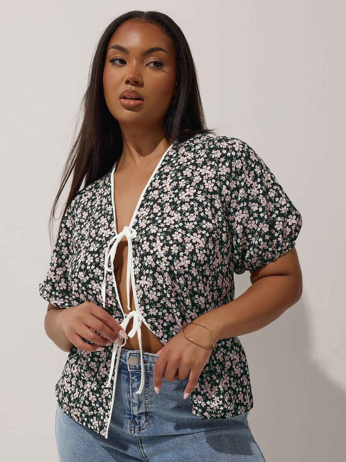 Image of Yours Curve Ditsy Contrast Tie Top - Black