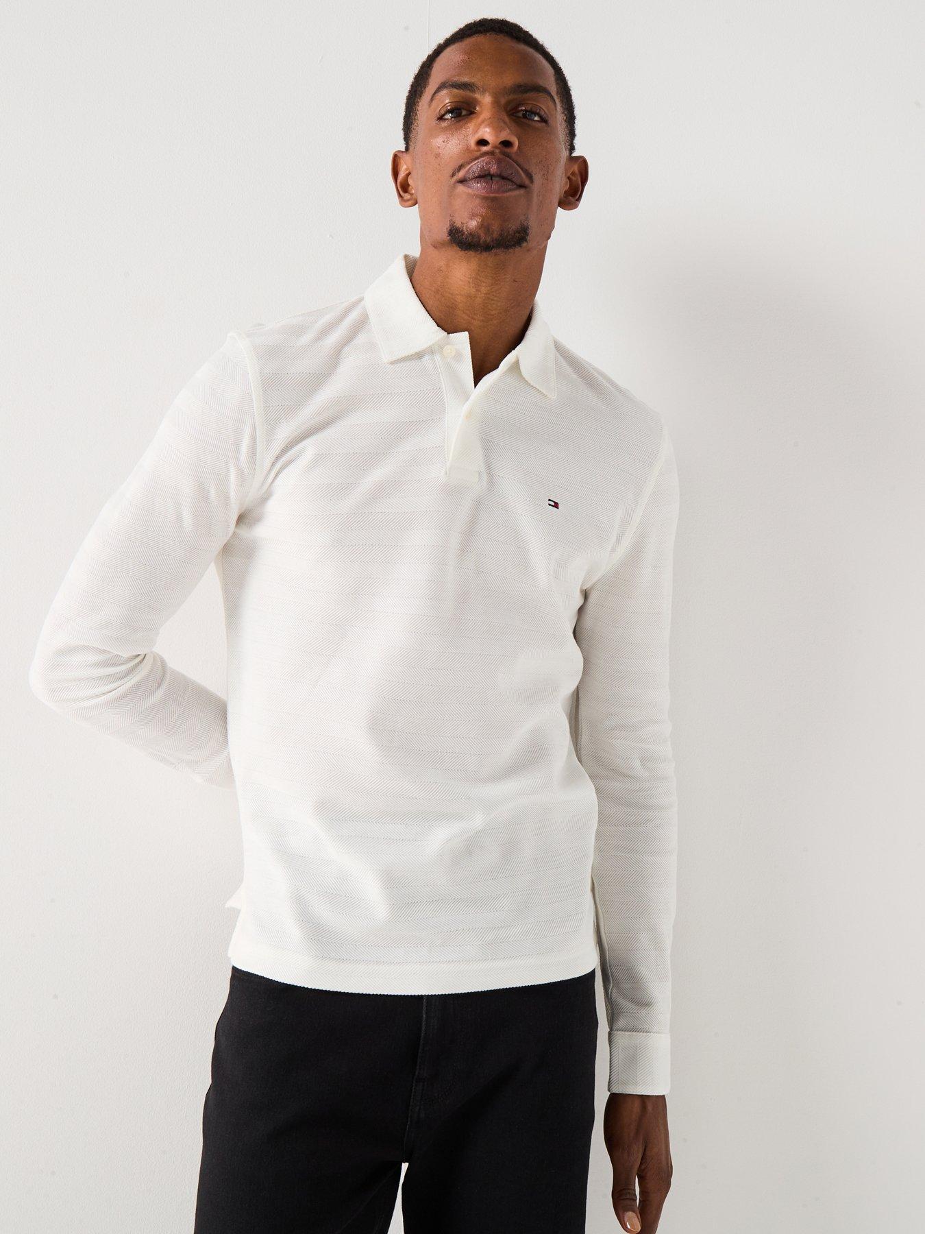 Image 1 of 4 of Tommy Hilfiger Long Sleeve Herringbone Polo Shirt - Off White