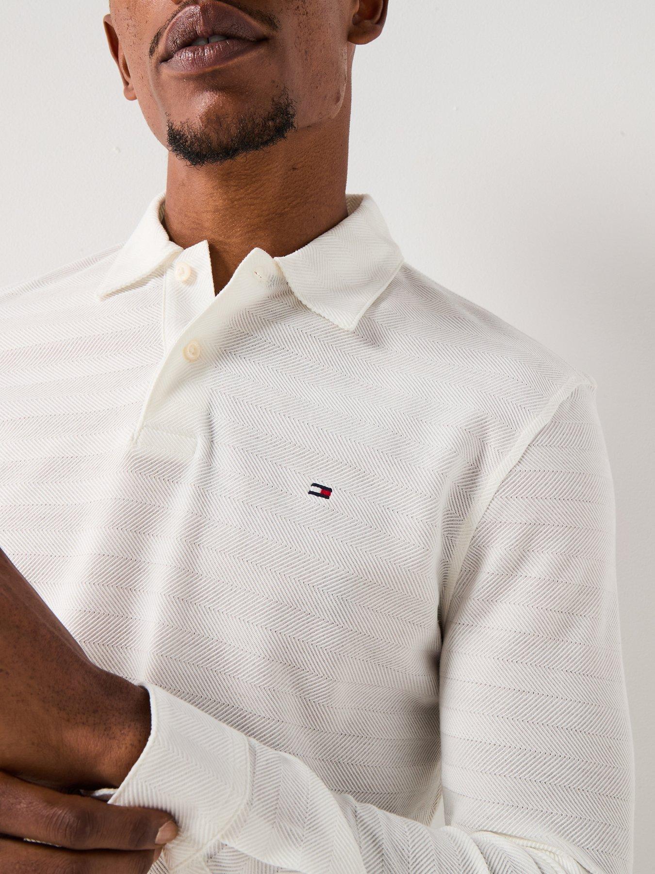 Image 4 of 4 of Tommy Hilfiger Long Sleeve Herringbone Polo Shirt - Off White