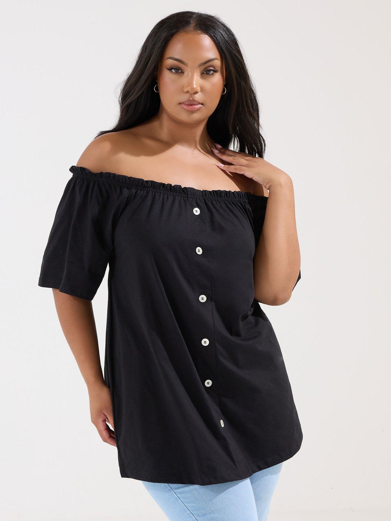 Image of Yours Curve Frill Bardot Button Front Top - Black