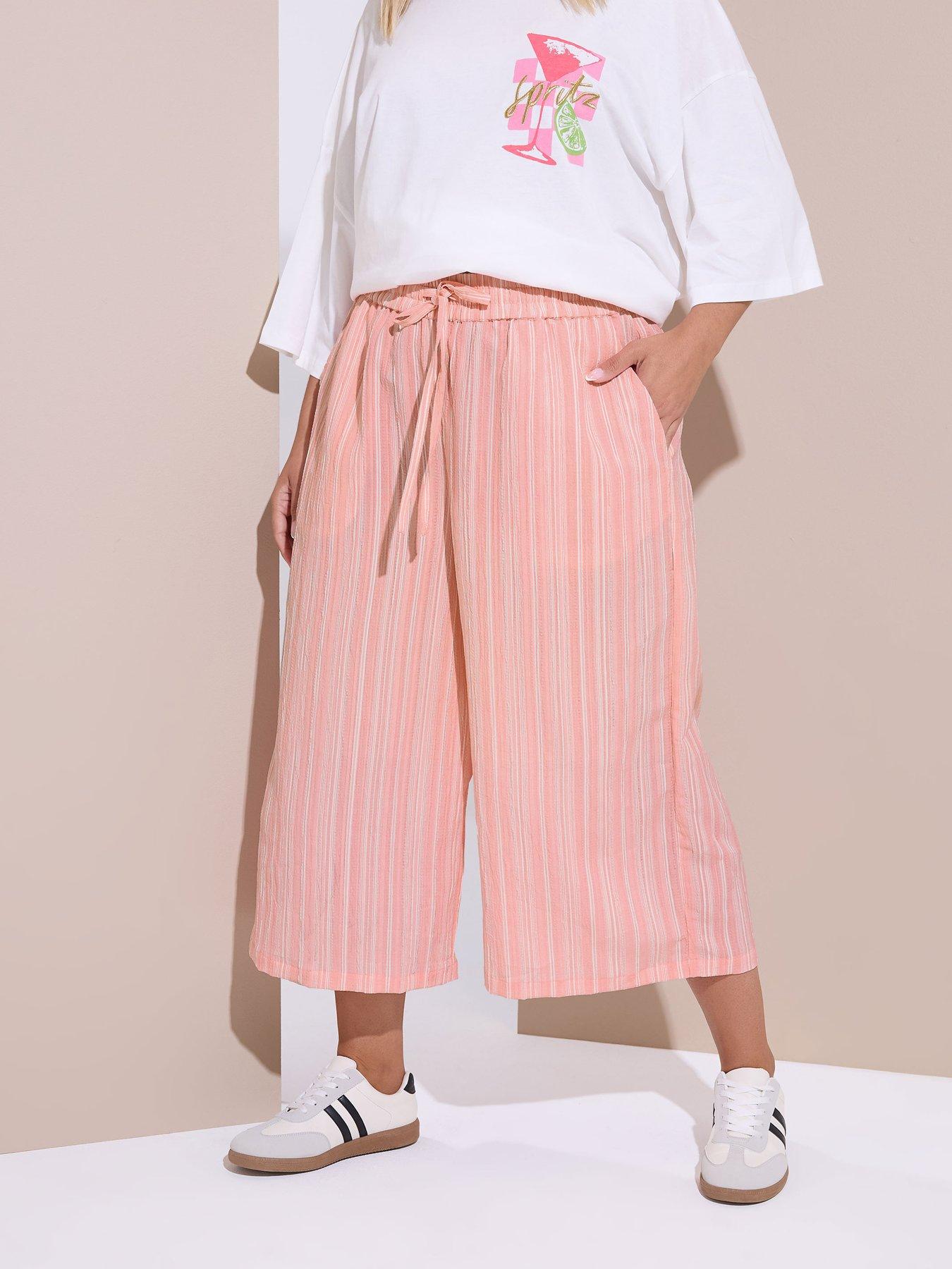 Image of Yours Curve Textured Stripe Midaxi Crop Trouser - Pink