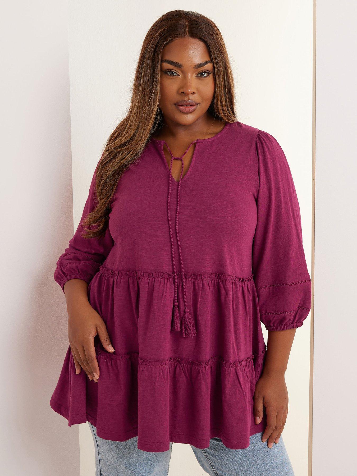 Image of Yours Curve Slub Tiered Boho Top - Red