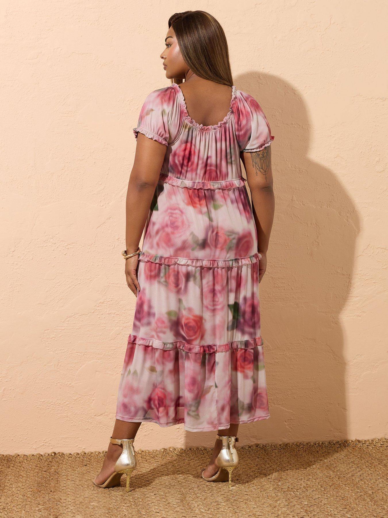 Image 2 of 4 of Yours Curve Mesh A Line Midi Dress - Pink