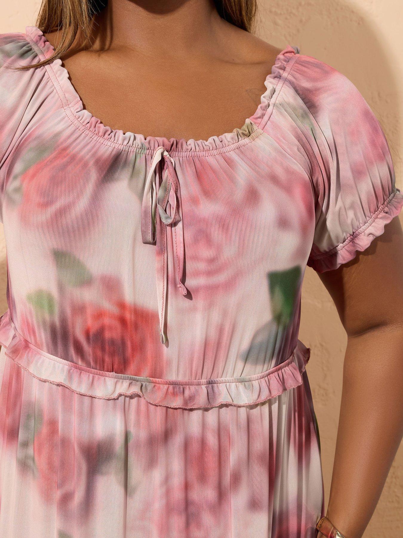 Image 4 of 4 of Yours Curve Mesh A Line Midi Dress - Pink