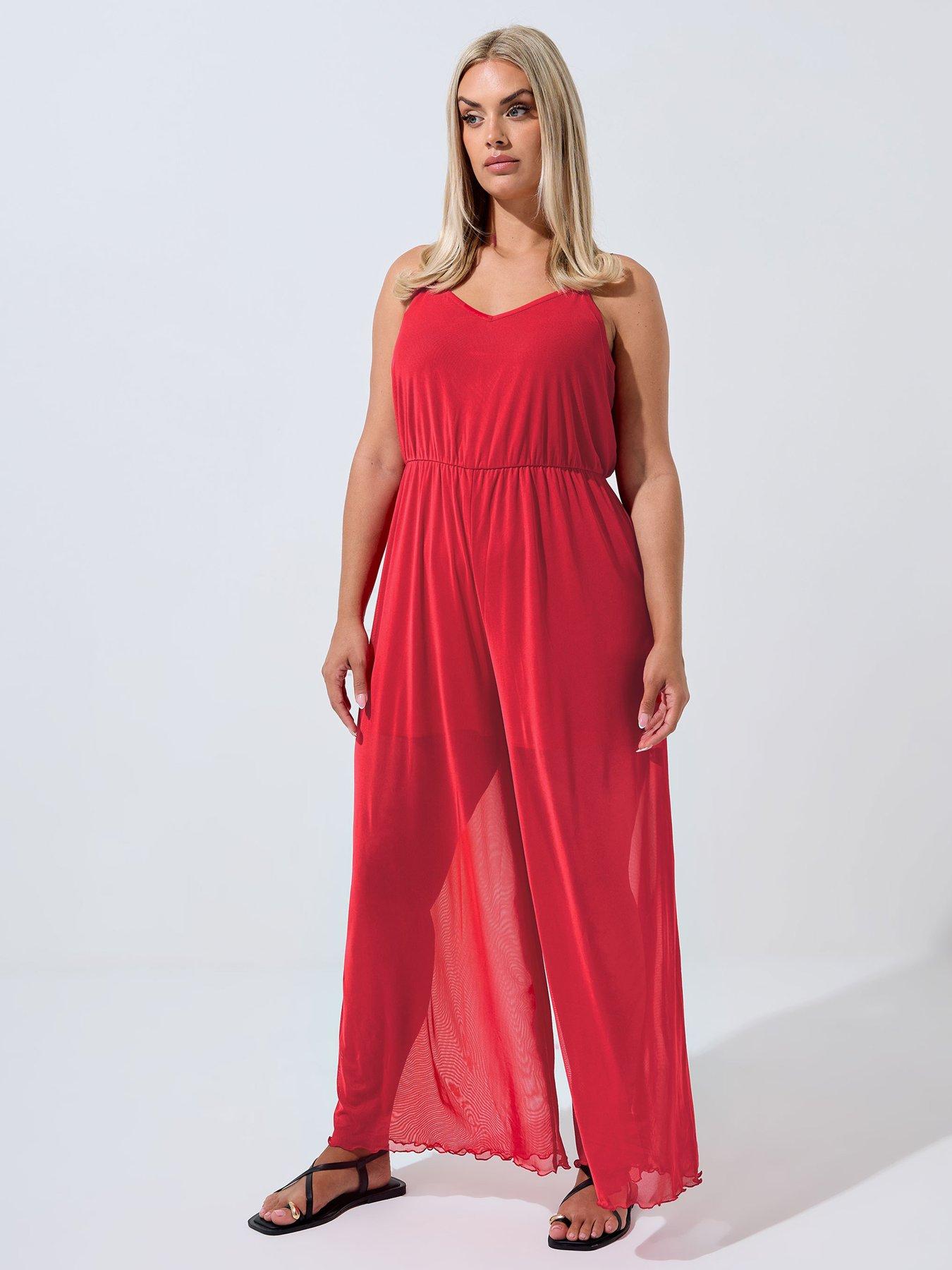 Image 3 of 4 of Yours Curve Mesh Jumpsuit - Red