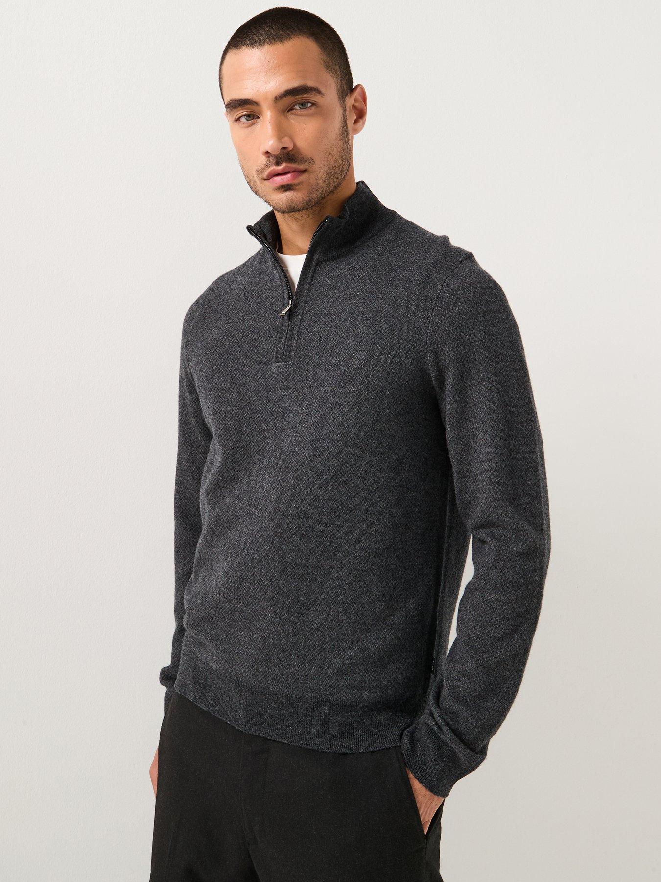 BOSS H-Hettore Regular Fit Herringbone 1/4 Zip Knitted Jumper - Black