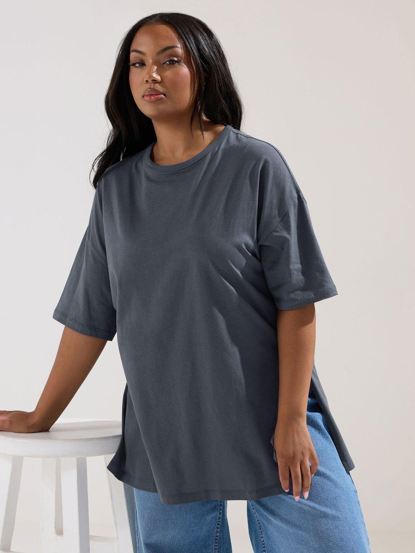 Image 1 of 5 of Yours Curve Oversized Side Split T-Shirt - Grey