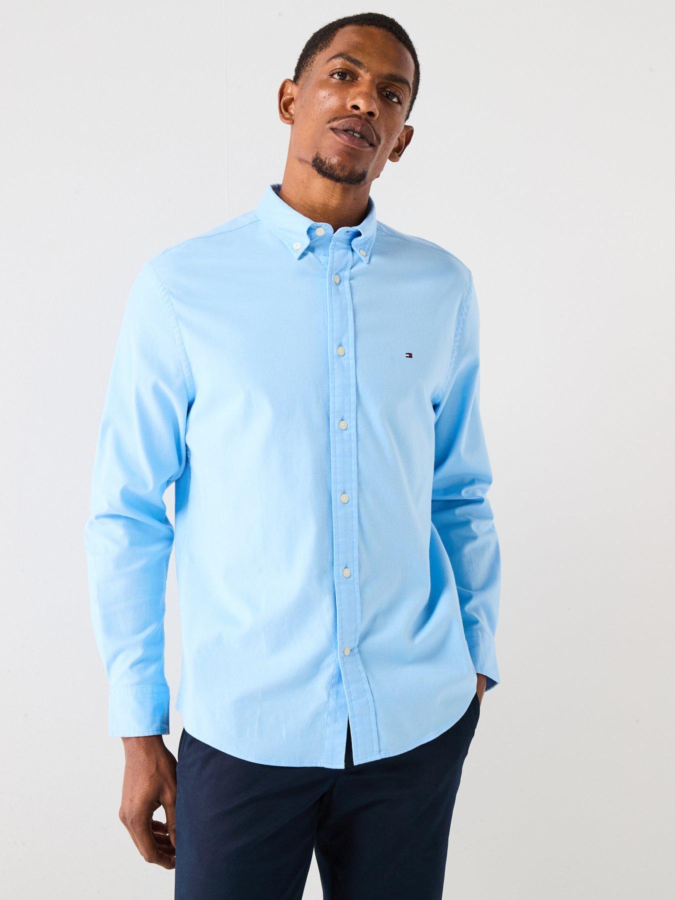 Image 1 of 6 of Tommy Hilfiger Long Sleeve Flex Flannel Solid Regular Fit Shirt - Light Blue