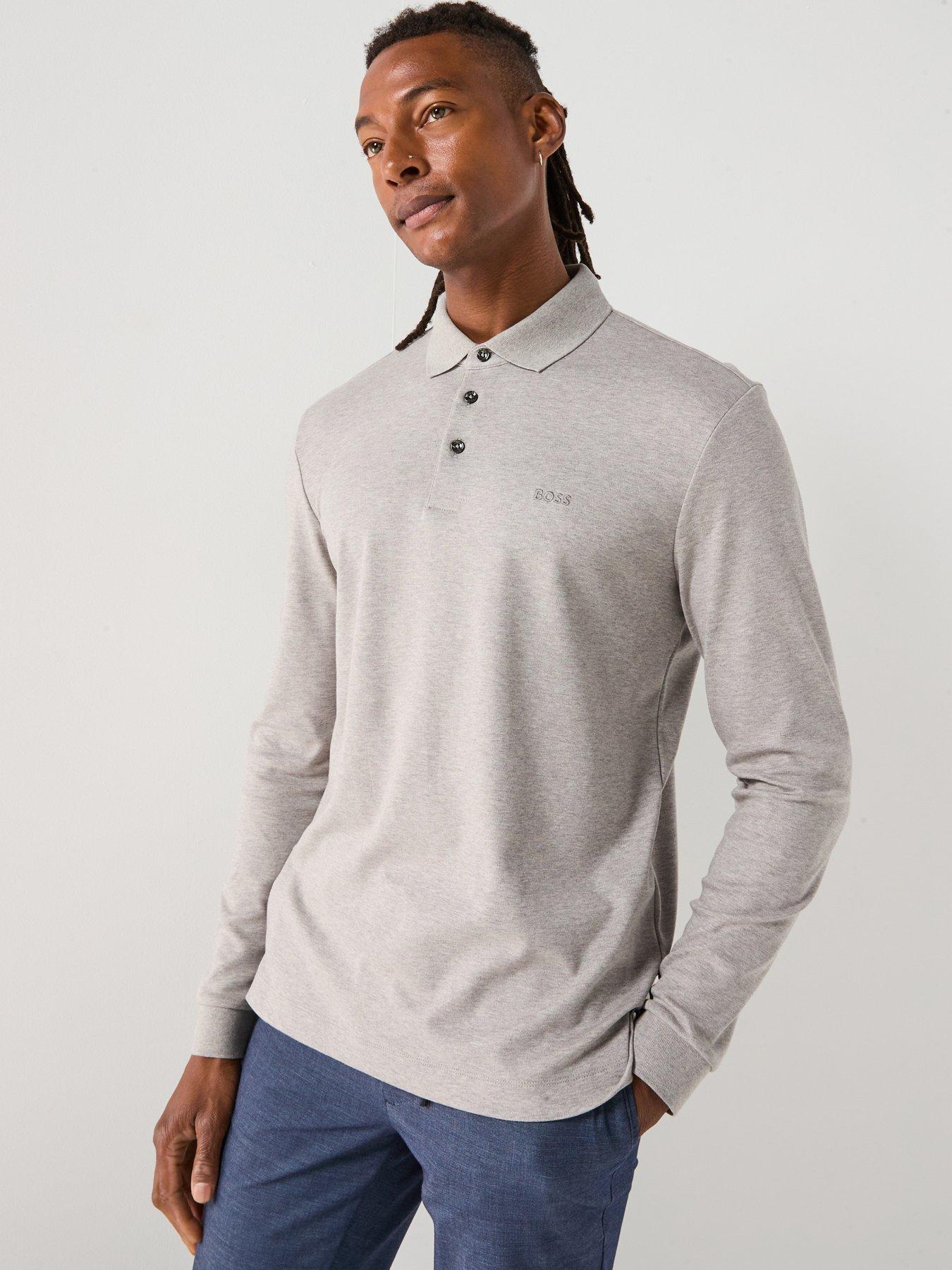 BOSS Pado 30 Long Sleeve Pique Polo Shirt - Silver