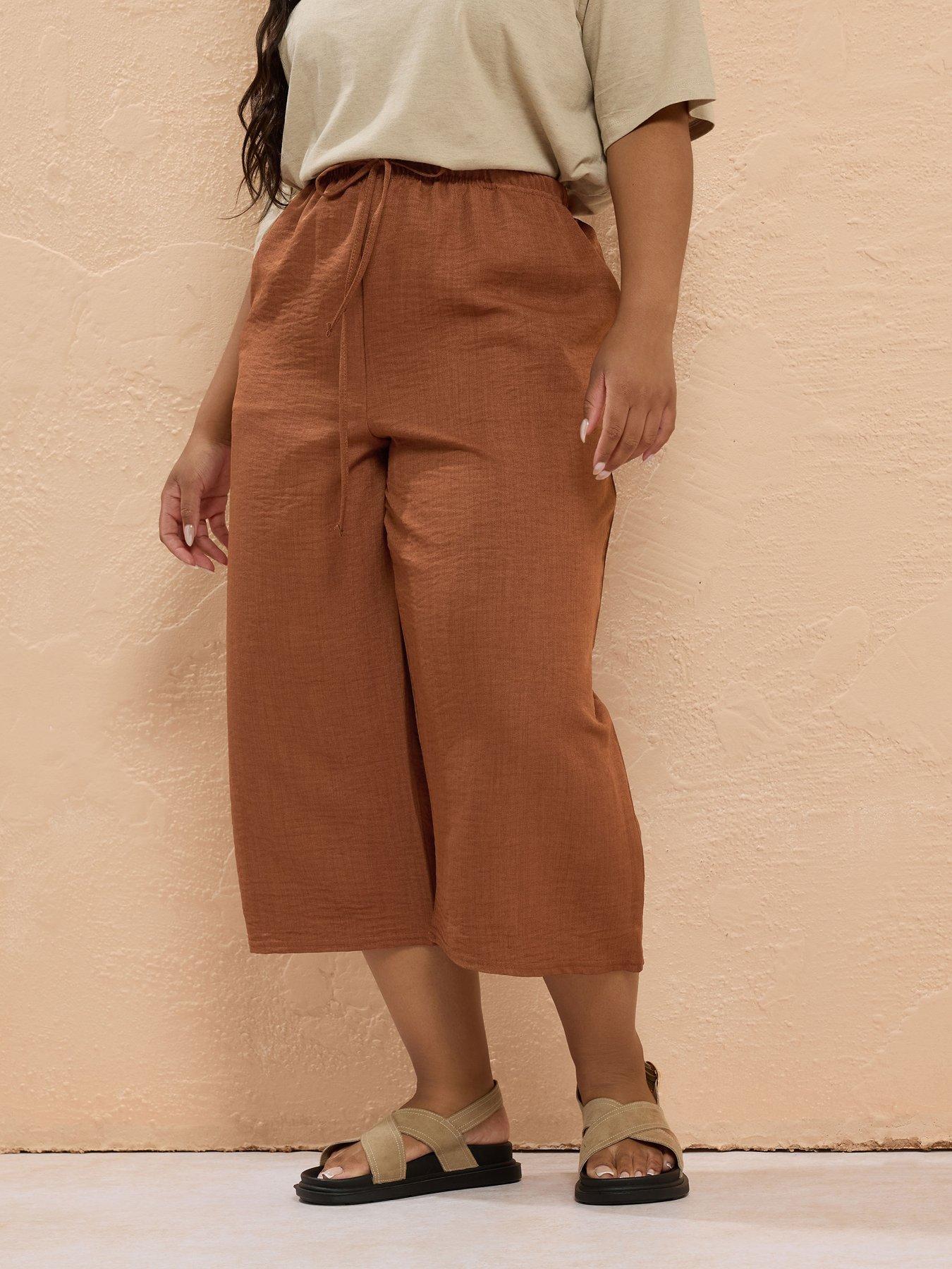 Image of Yours Curve Linen Look Skinny Crop Trouser - Brown