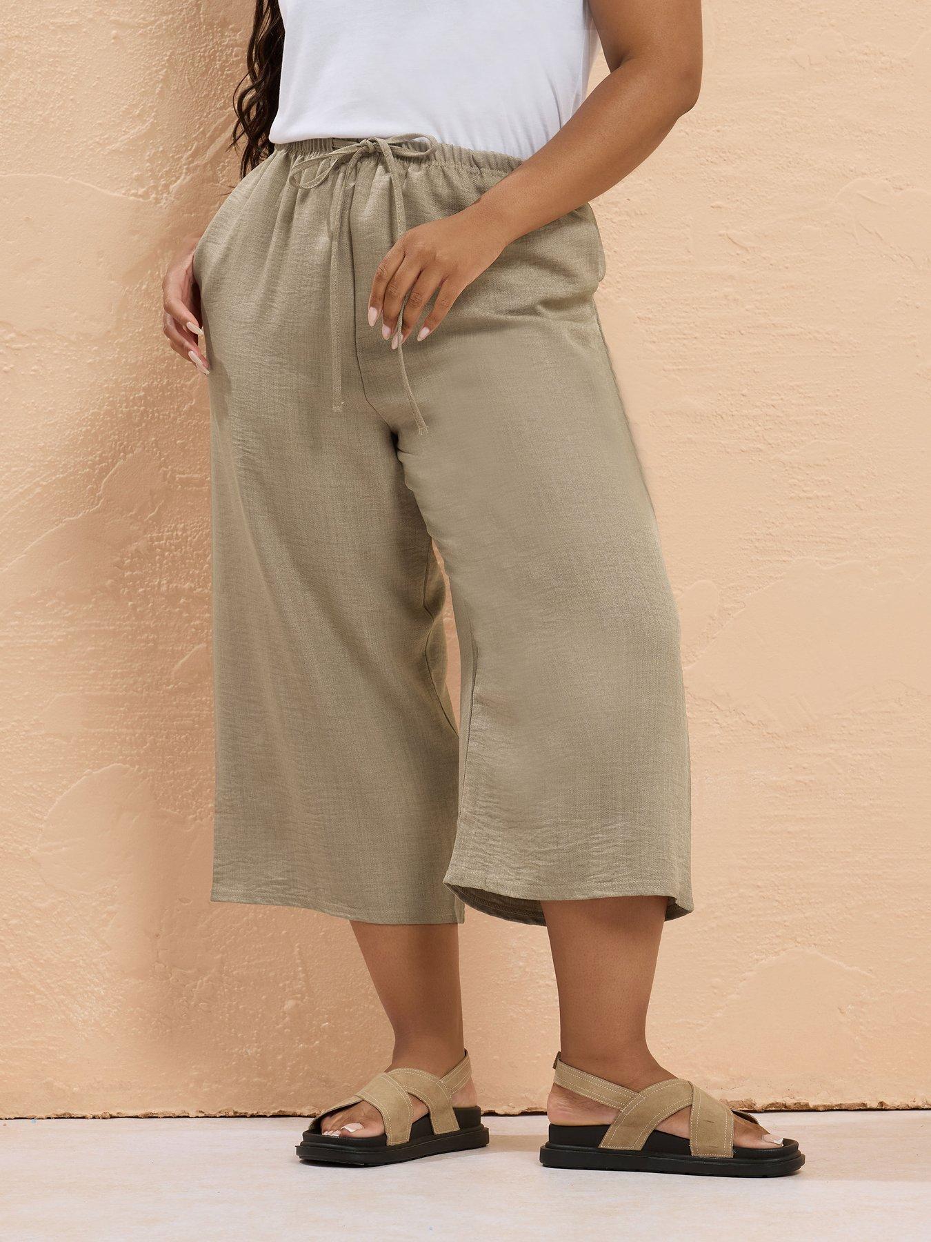 Image of Yours Curve Linen Look Skinny Crop Trouser - Natural