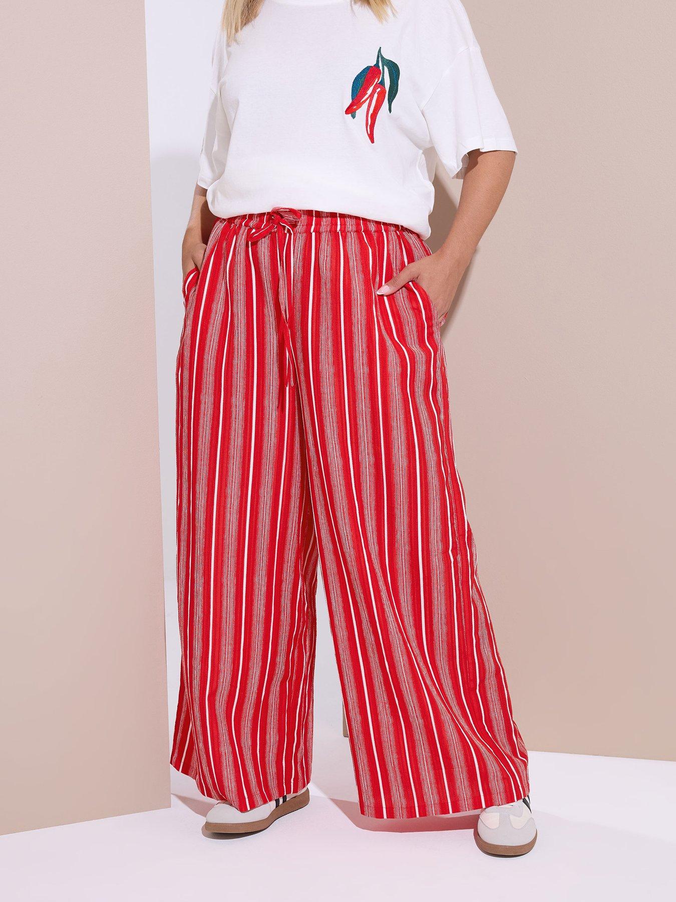 Image of Yours Curve Textured Stripe Wide Leg Trouser - Red