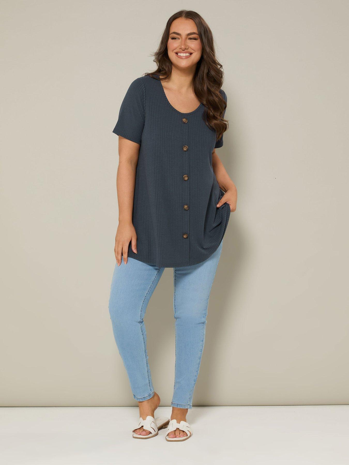 Image 3 of 4 of Yours Curve Button Front Swing T-Shirt - Blue