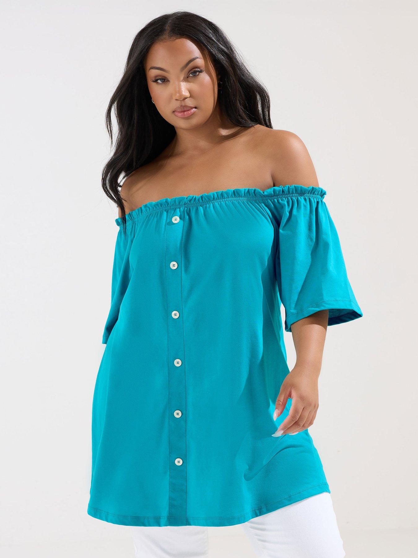 Image 1 of 5 of Yours Curve Frill Bardot Button Front Top - Blue