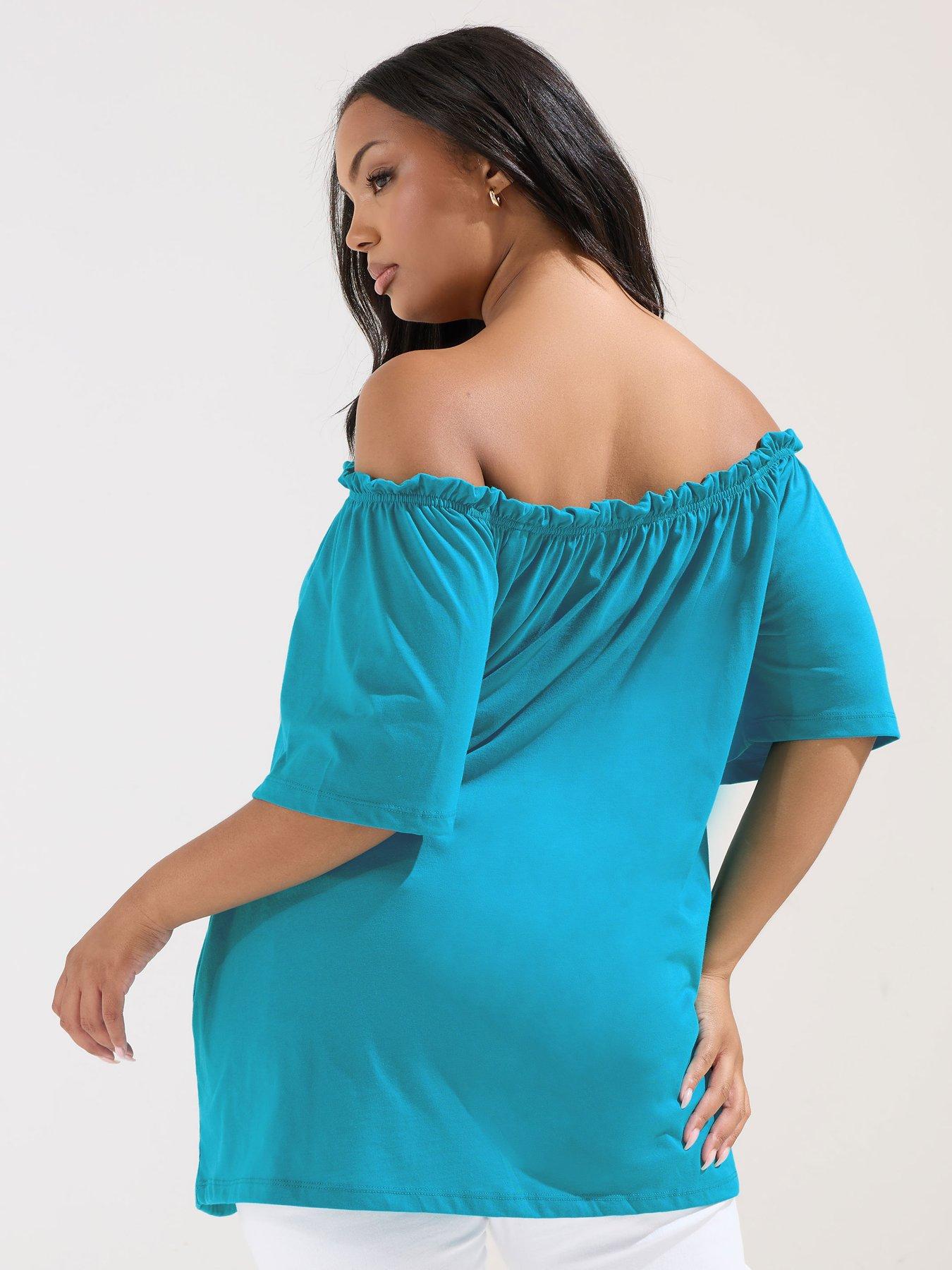 Image 2 of 5 of Yours Curve Frill Bardot Button Front Top - Blue