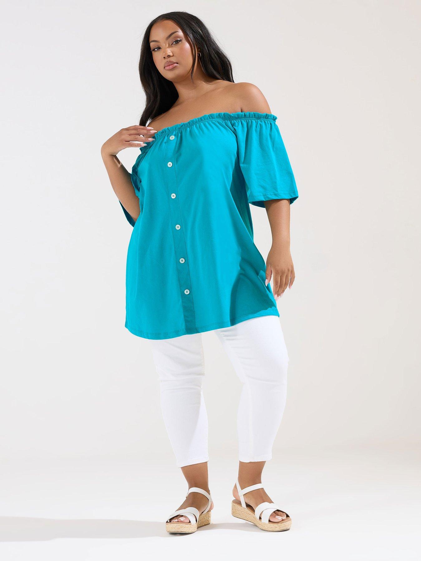 Image 3 of 5 of Yours Curve Frill Bardot Button Front Top - Blue