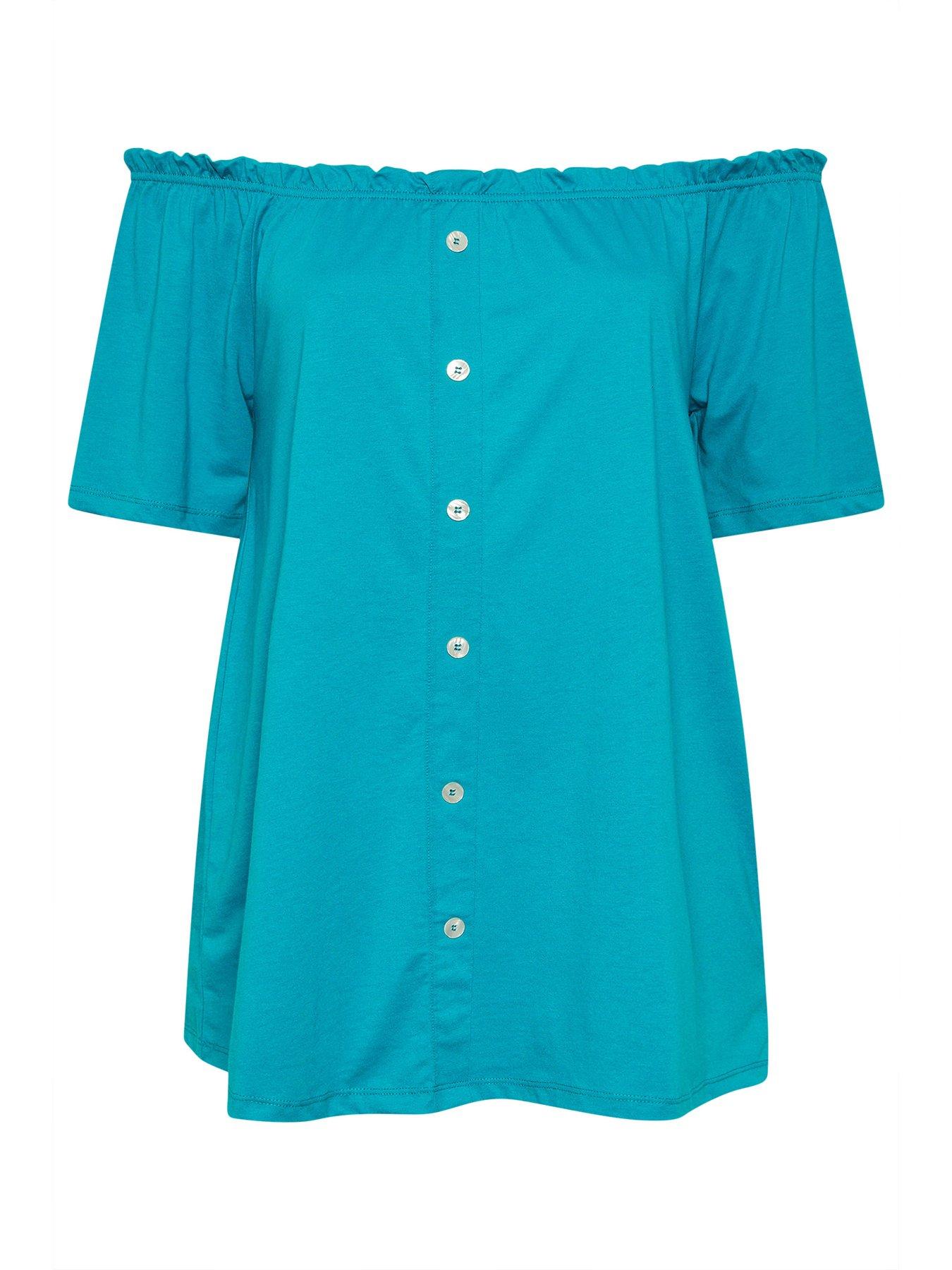 Image 5 of 5 of Yours Curve Frill Bardot Button Front Top - Blue