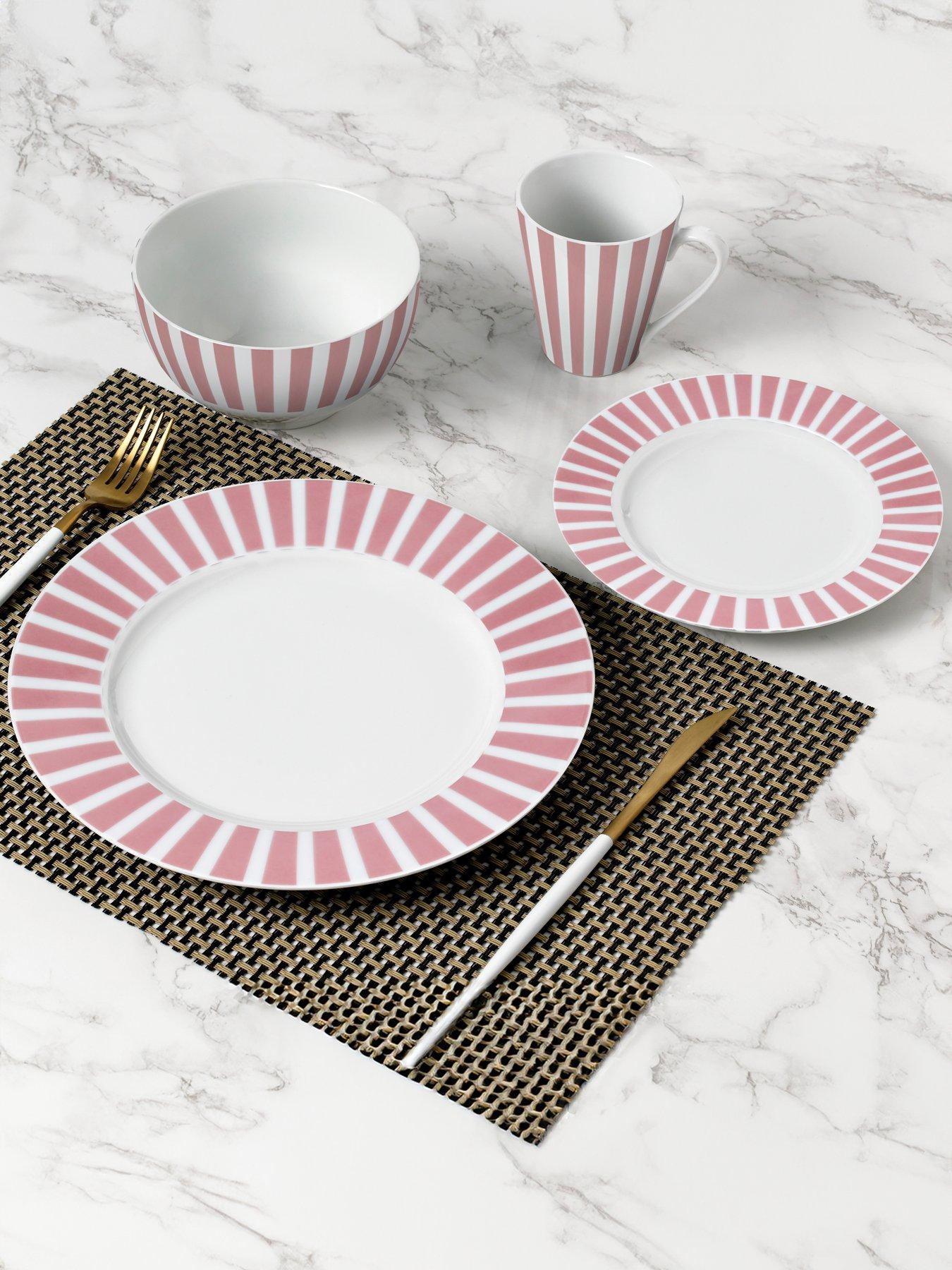 undefined 24-Piece Split Stripe Dinner Service Set in Pink