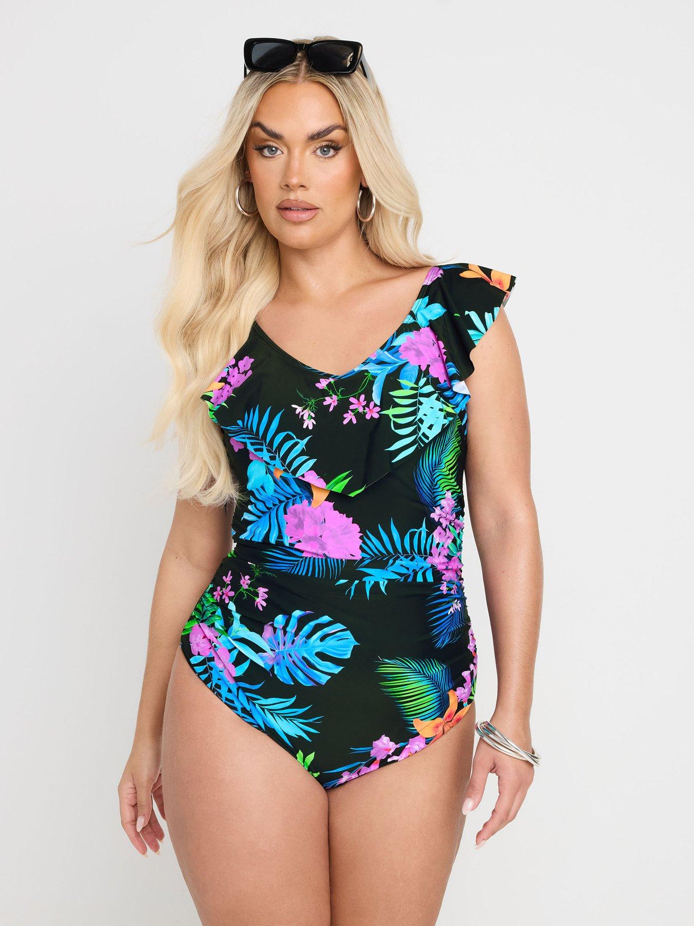 Image of Yours Curve Tropical Frill Swimsuit - Black