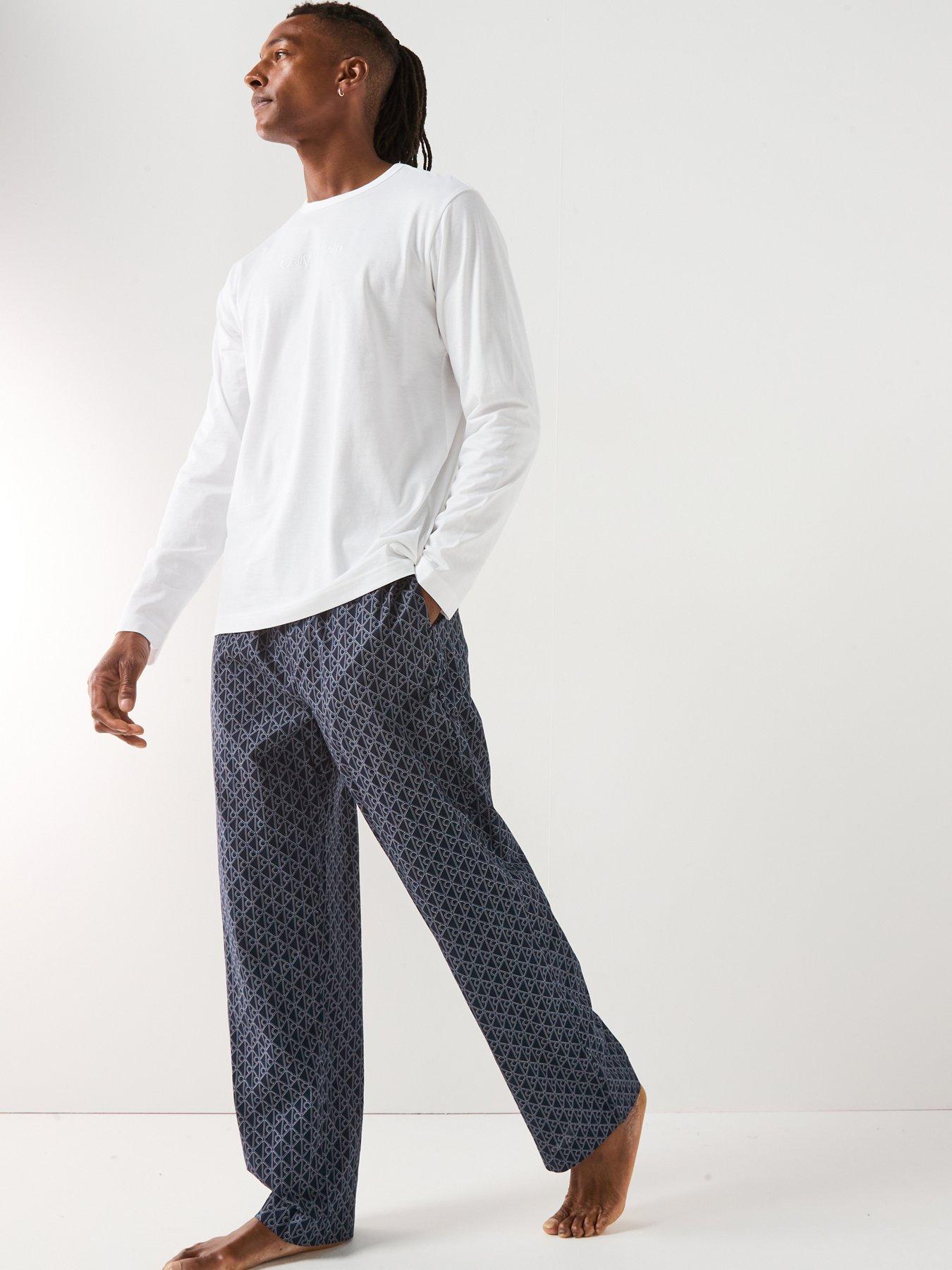 Calvin Klein Loungewear Long Sleeve T-Shirt Emblem Pyjama Set - White/Blue