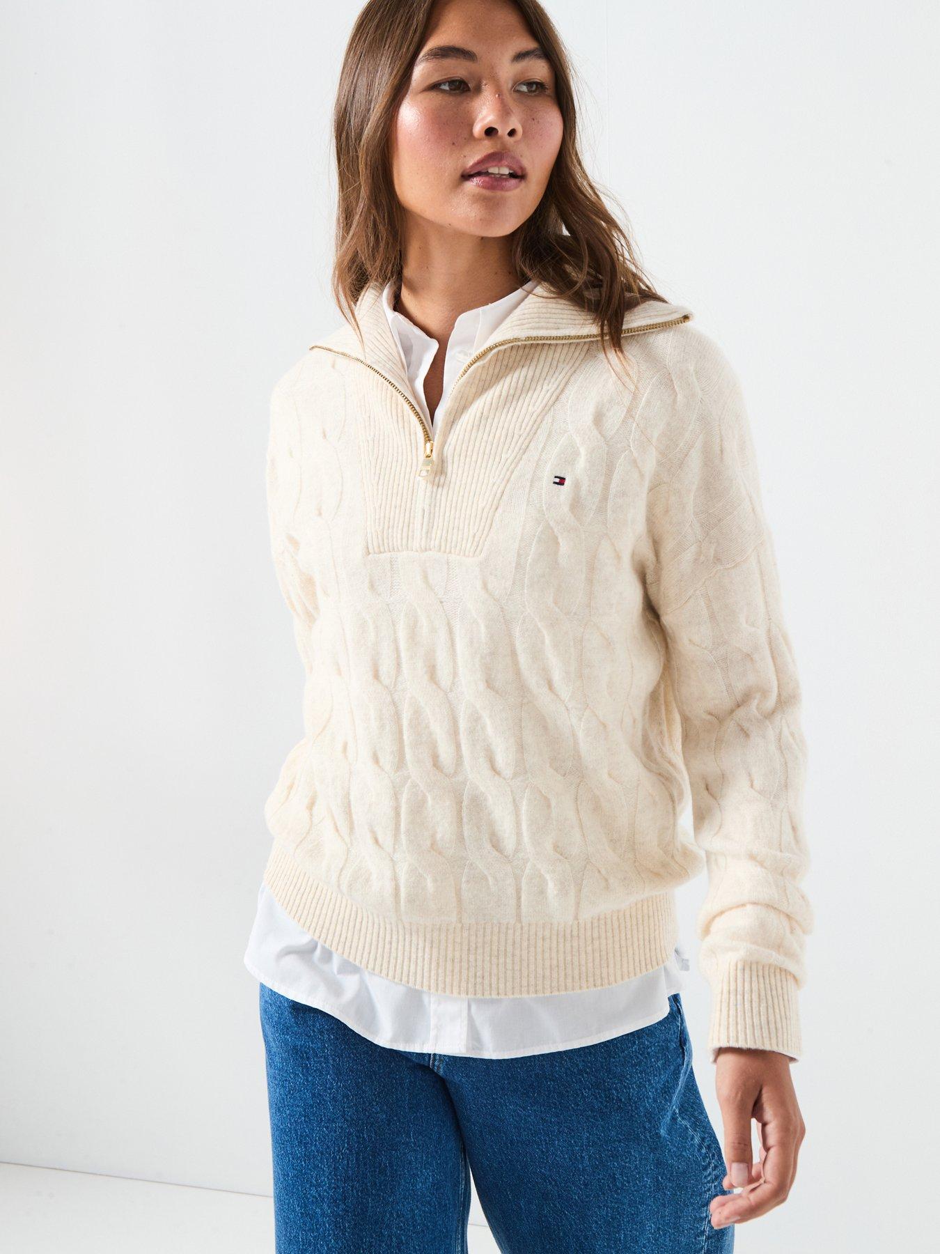 Image 1 of 6 of Tommy Hilfiger Wool Cable Half Zip Jumper&nbsp;- Beige