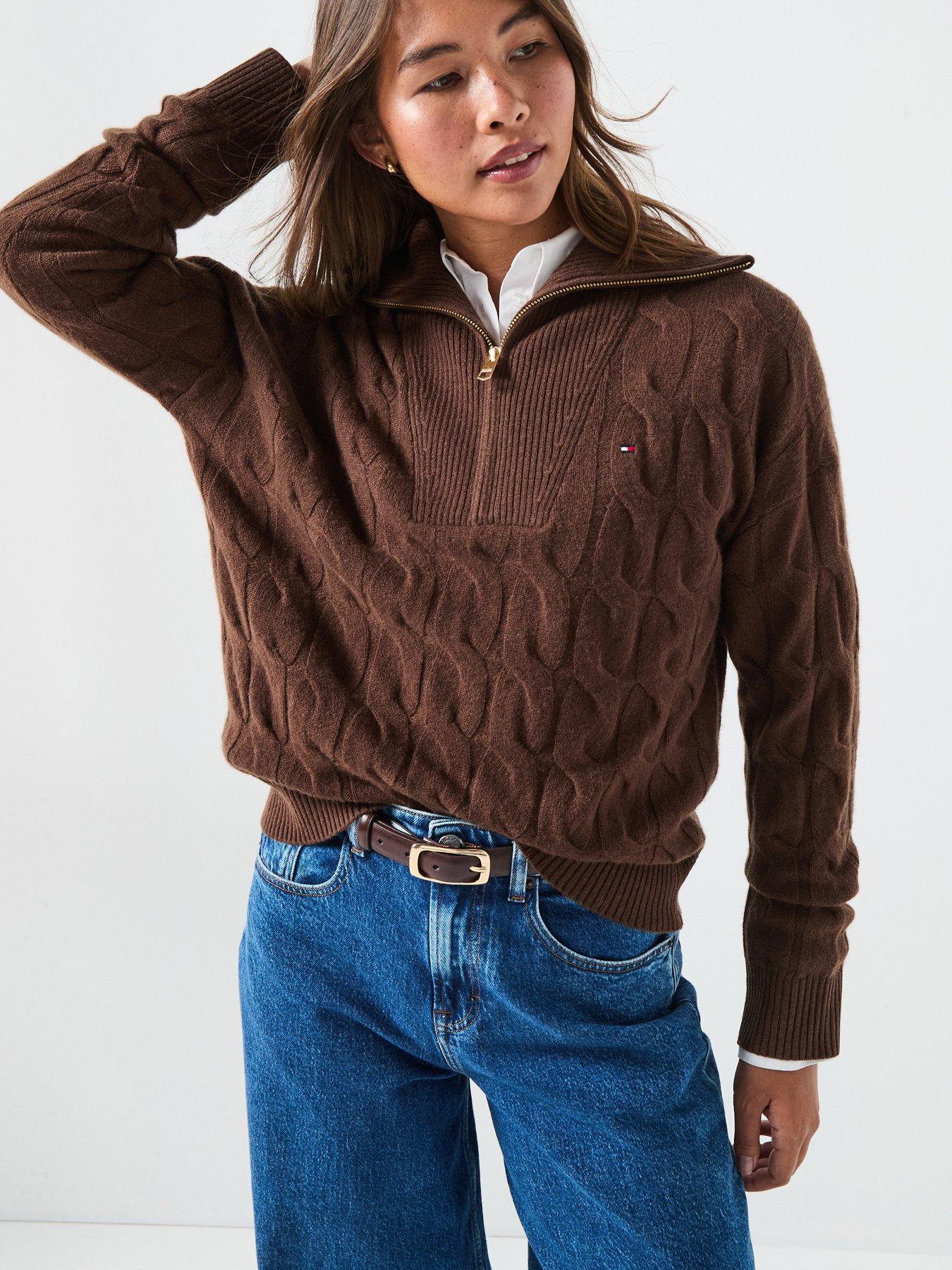 tommy-hilfiger-wool-cable-half-zip-jumpernbsp--brownfront