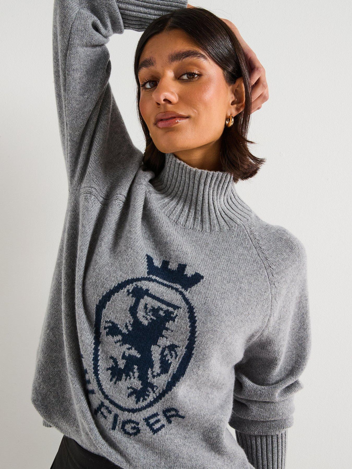 Image 5 of 6 of Tommy Hilfiger Graphic Logo High Neck Wool Sweater - Grey