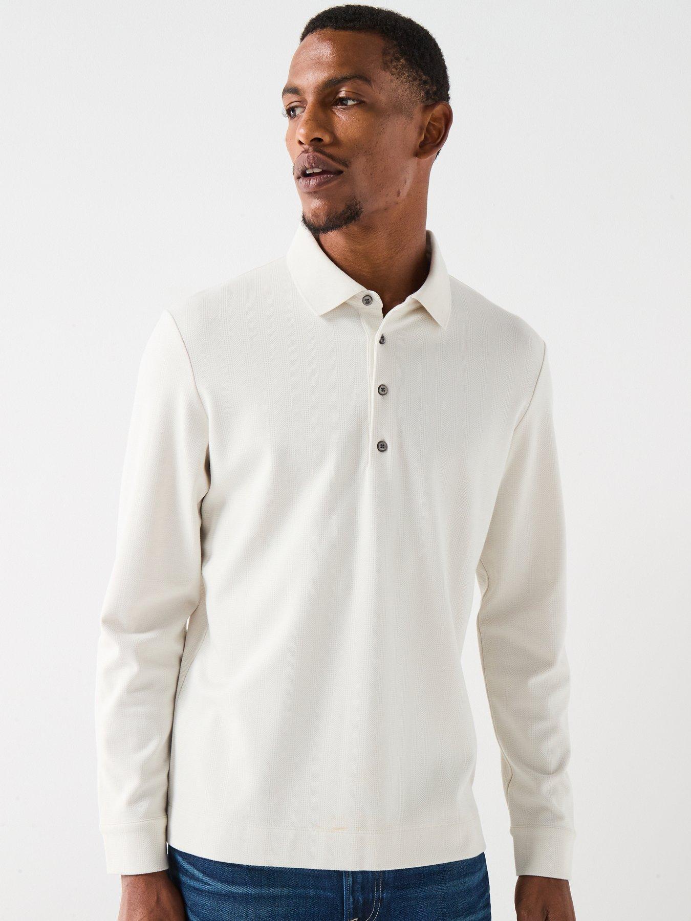 Calvin Klein Long Sleeve Jacquard Wool Knitted Polo Shirt - Cream