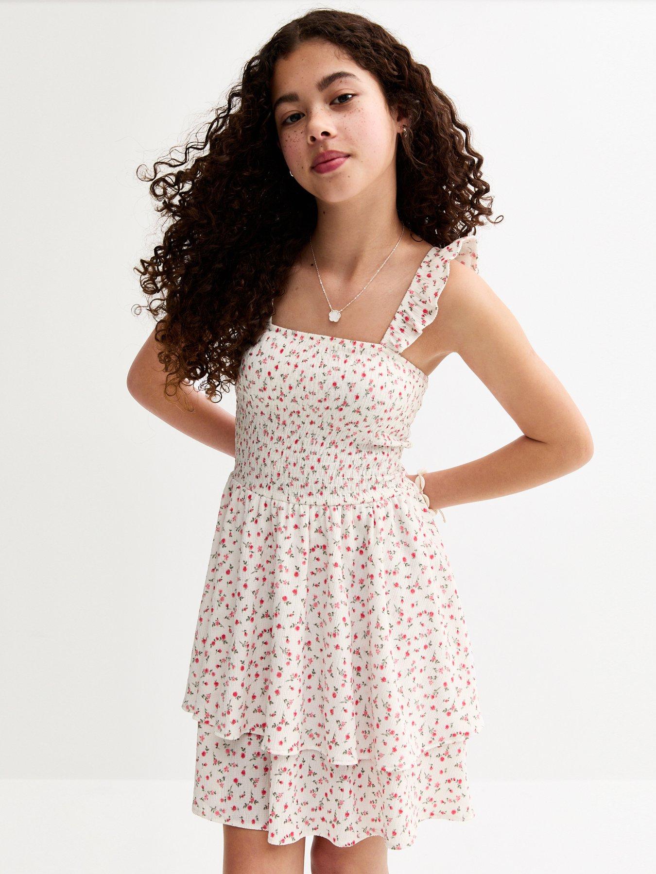 undefined Girls Textured Floral Print Dress - White
