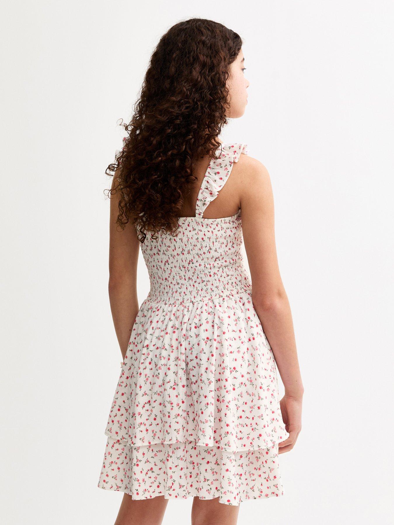 Image 2 of 4 of New Look 915 Girls Textured Floral Print Dress - White
